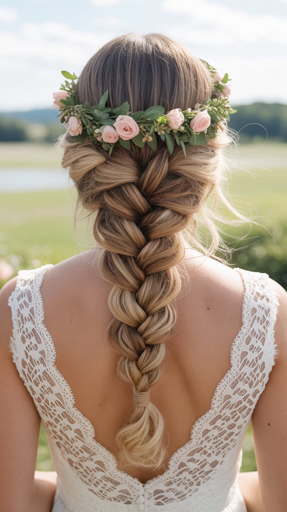 A bride with a mermaid braid adorned with a fresh flower crown, showcasing a romantic hairstyle.