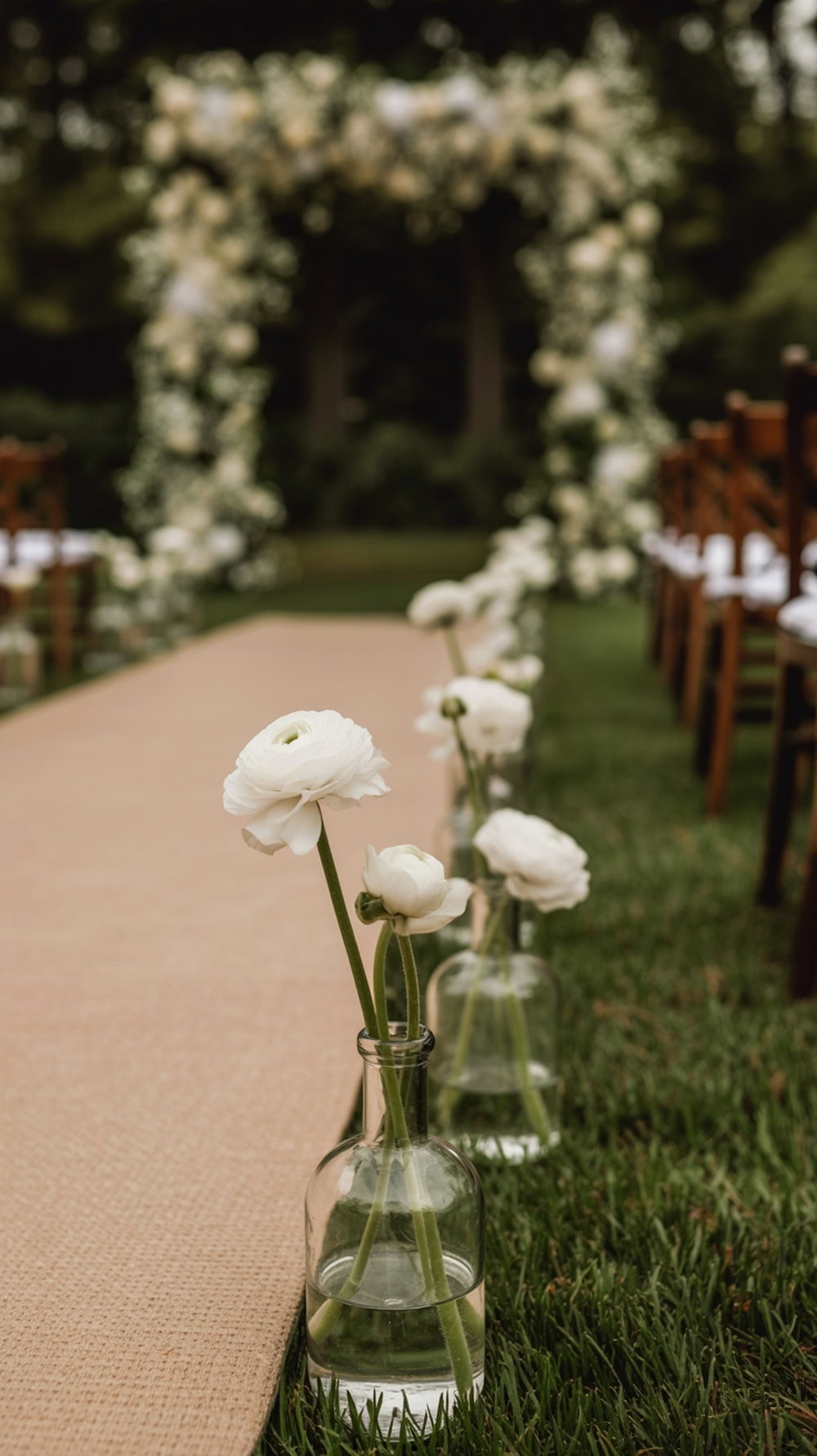 Glass bud vases with white flowers lining a wedding ceremony aisle