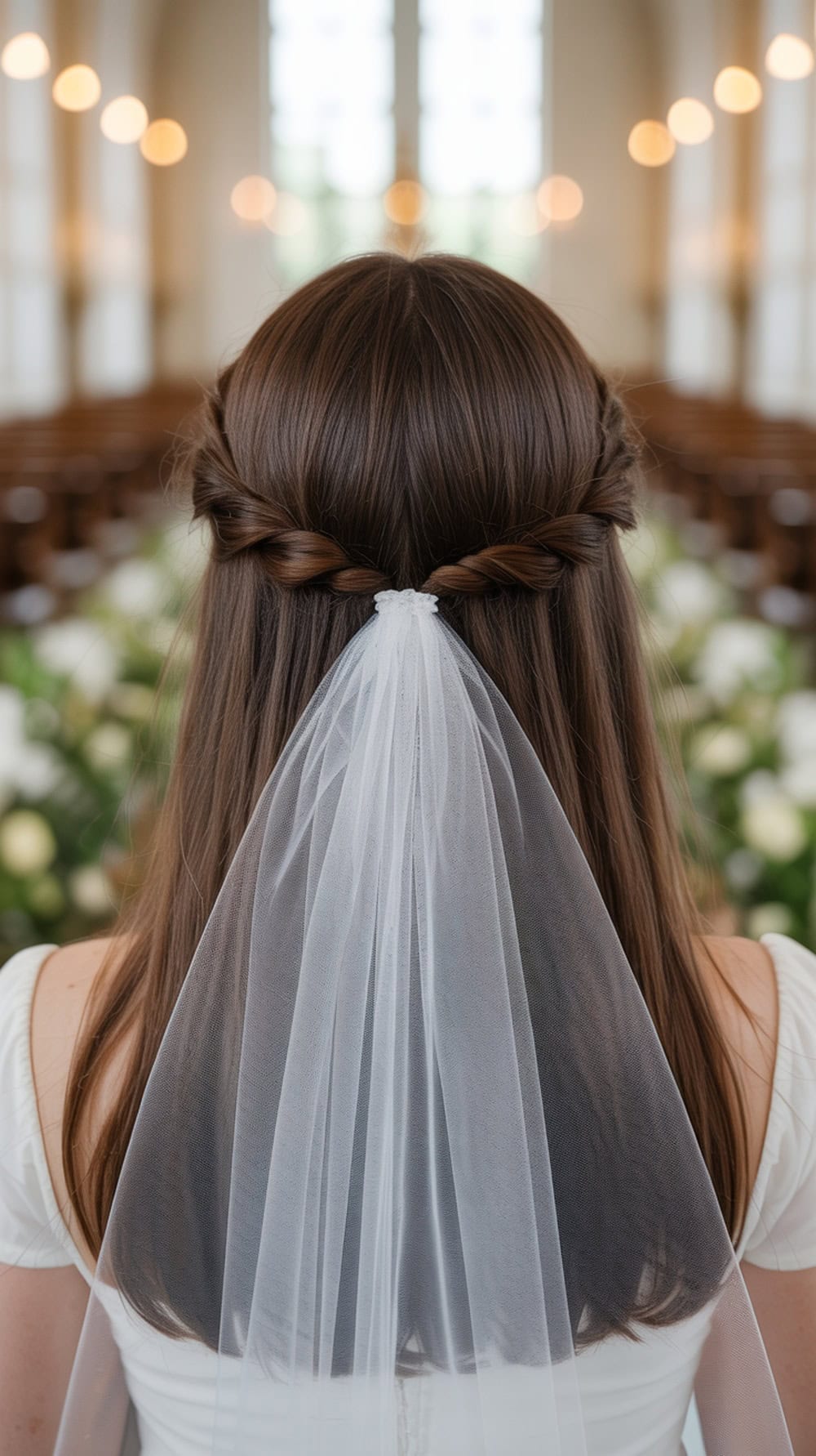 A bride with long straight hair styled in a center part, adorned with a veil underneath, set in a wedding venue.