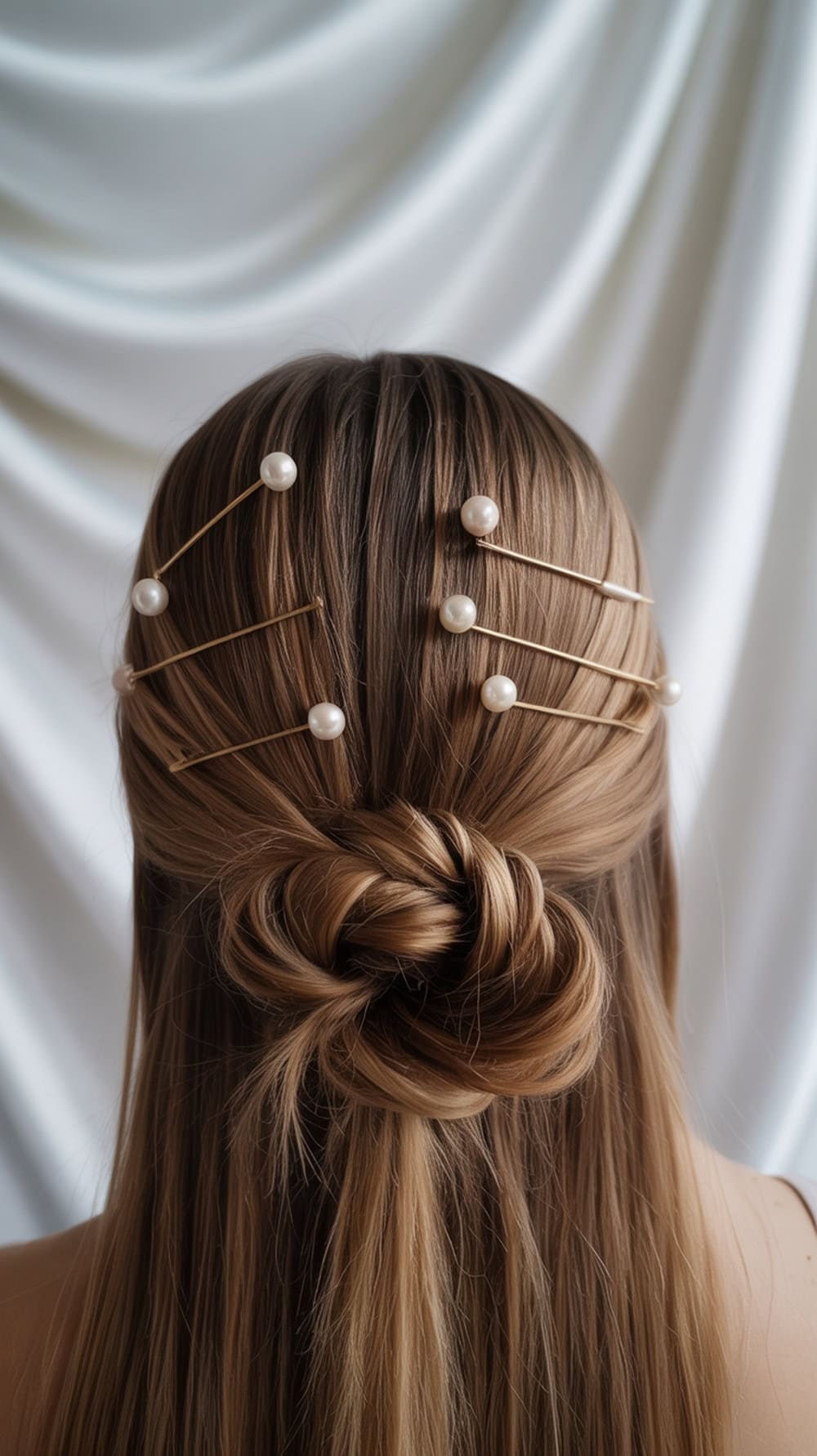 A low knot hairstyle with a center part and decorative hair pins featuring pearls.