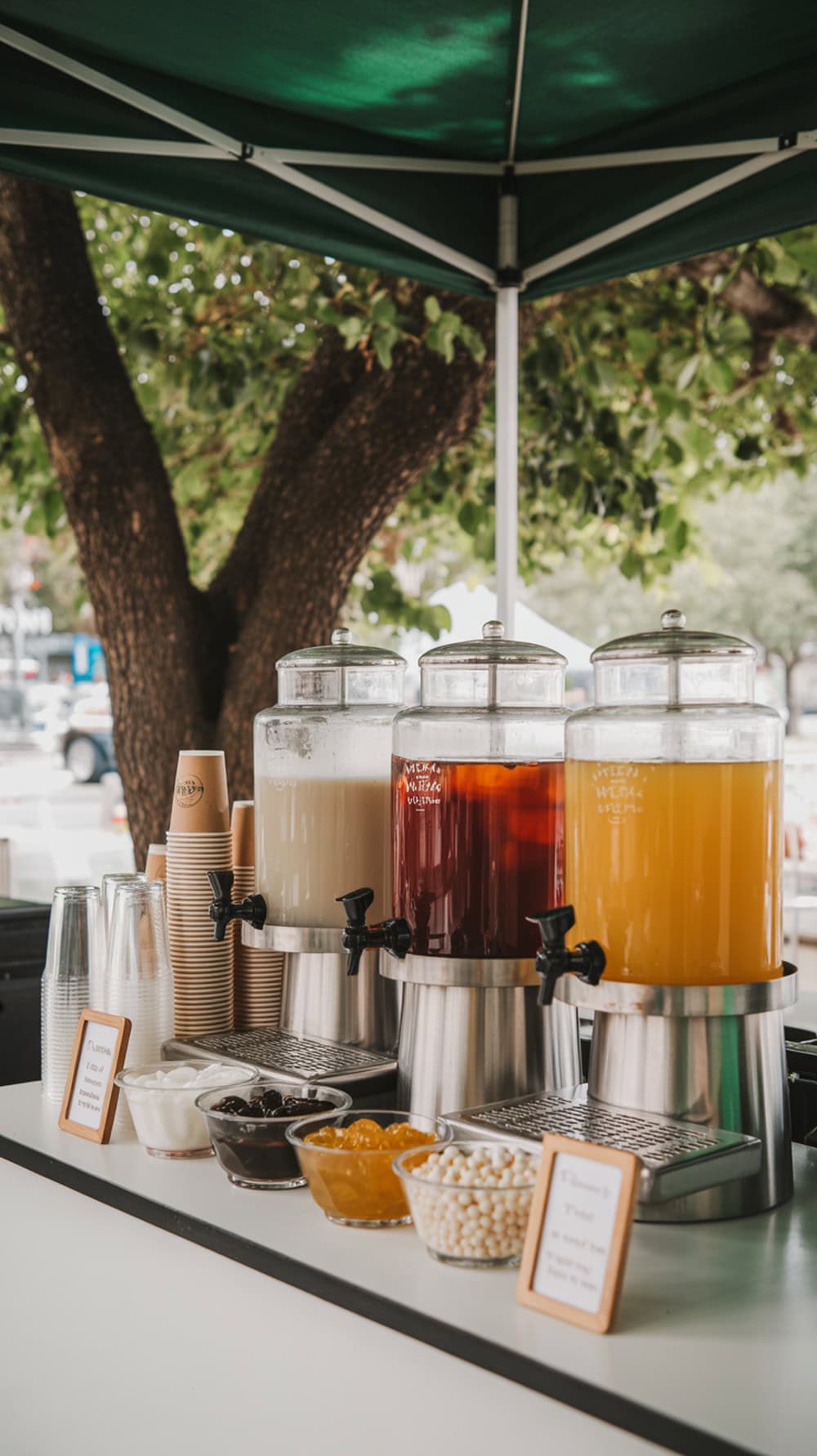 A DIY bubble tea table with dispensers of milk tea and fruity tea, surrounded by various toppings like tapioca pearls and jelly.
