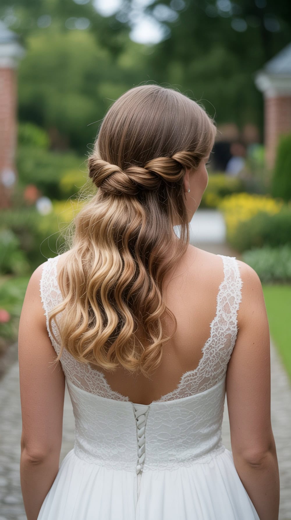 A bride with long wavy hair styled in a half-up look with twisted sections, wearing a lace dress.