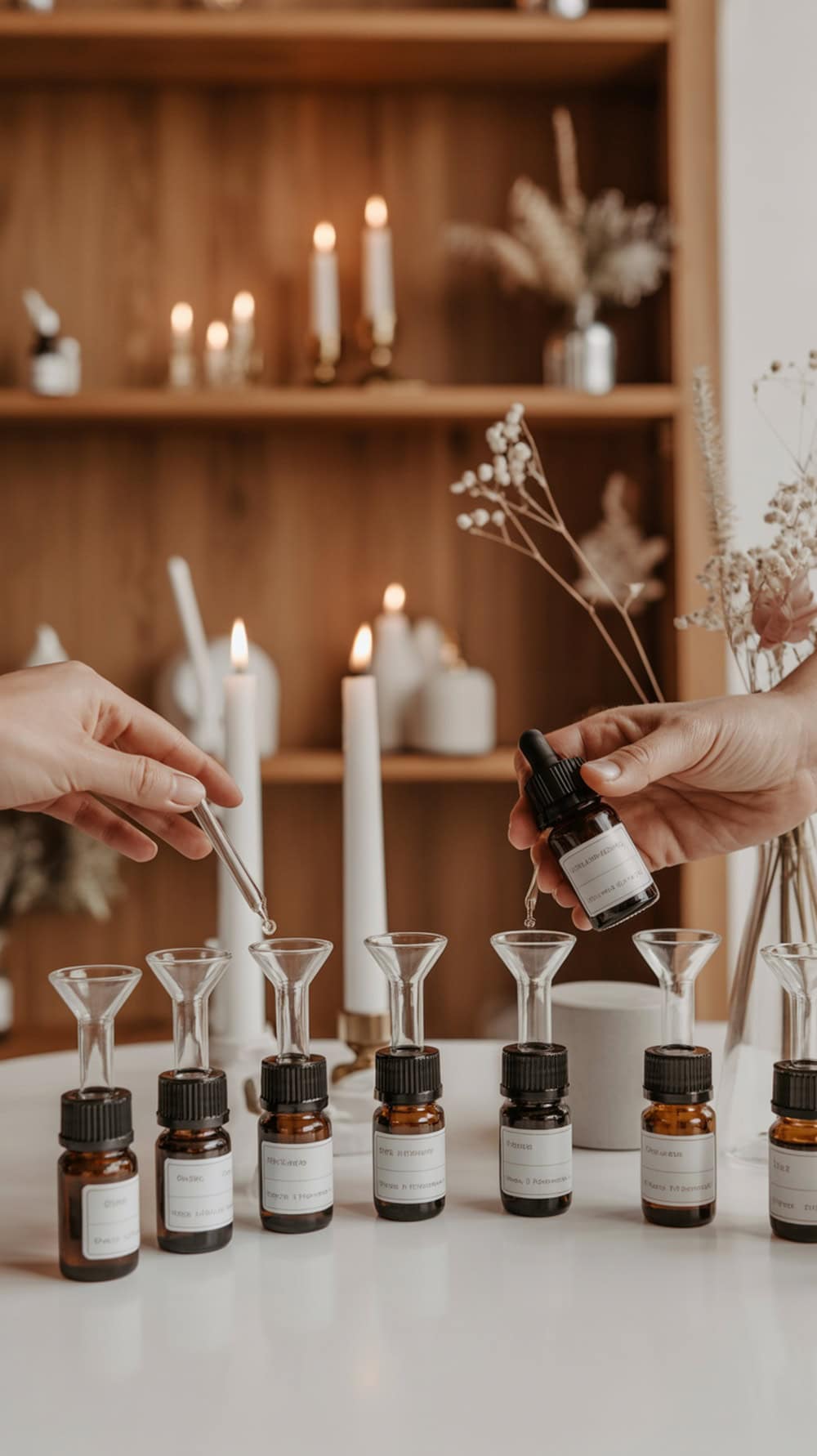 A custom perfume mixing station with hands mixing fragrance oils using droppers and funnels.