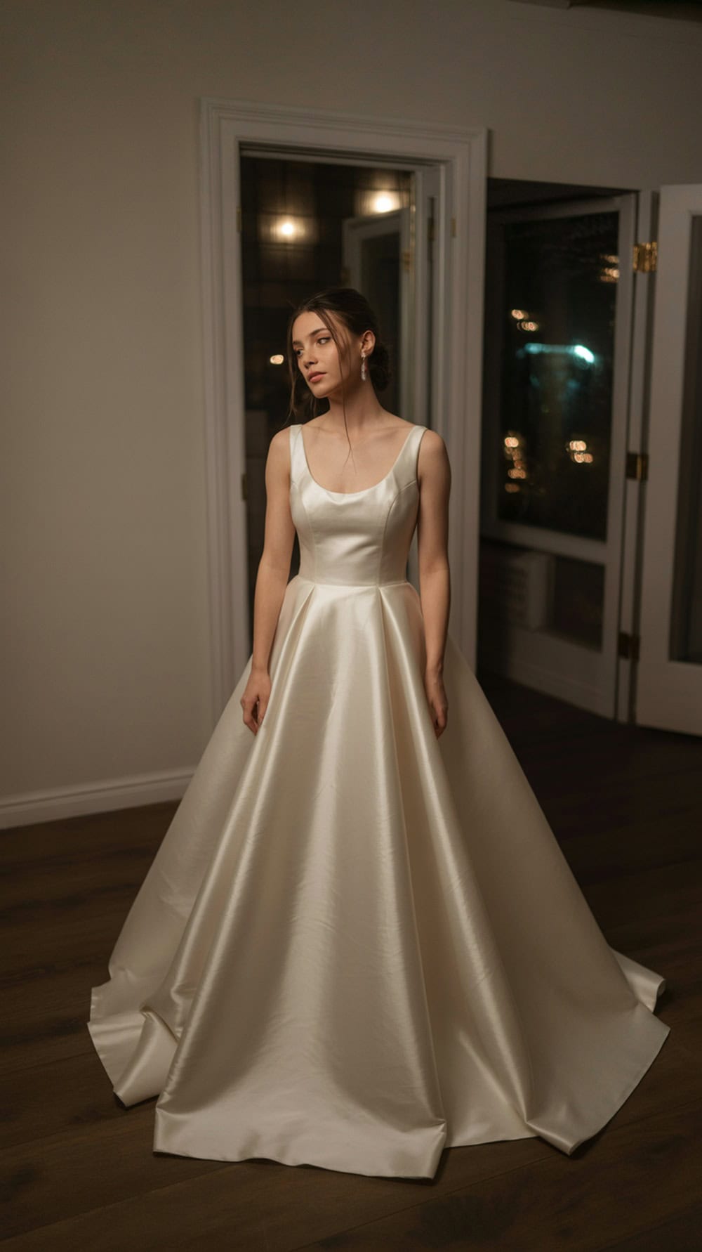 A bride wearing a shiny wedding dress, standing in a well-lit room.