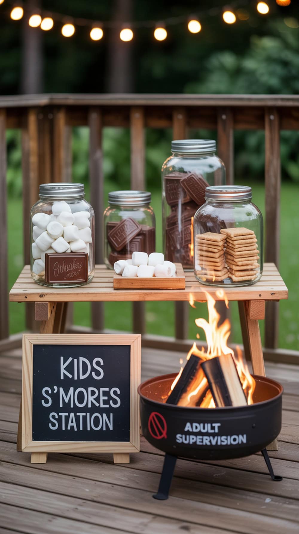 Kids S'mores station with jars of ingredients and a fire pit