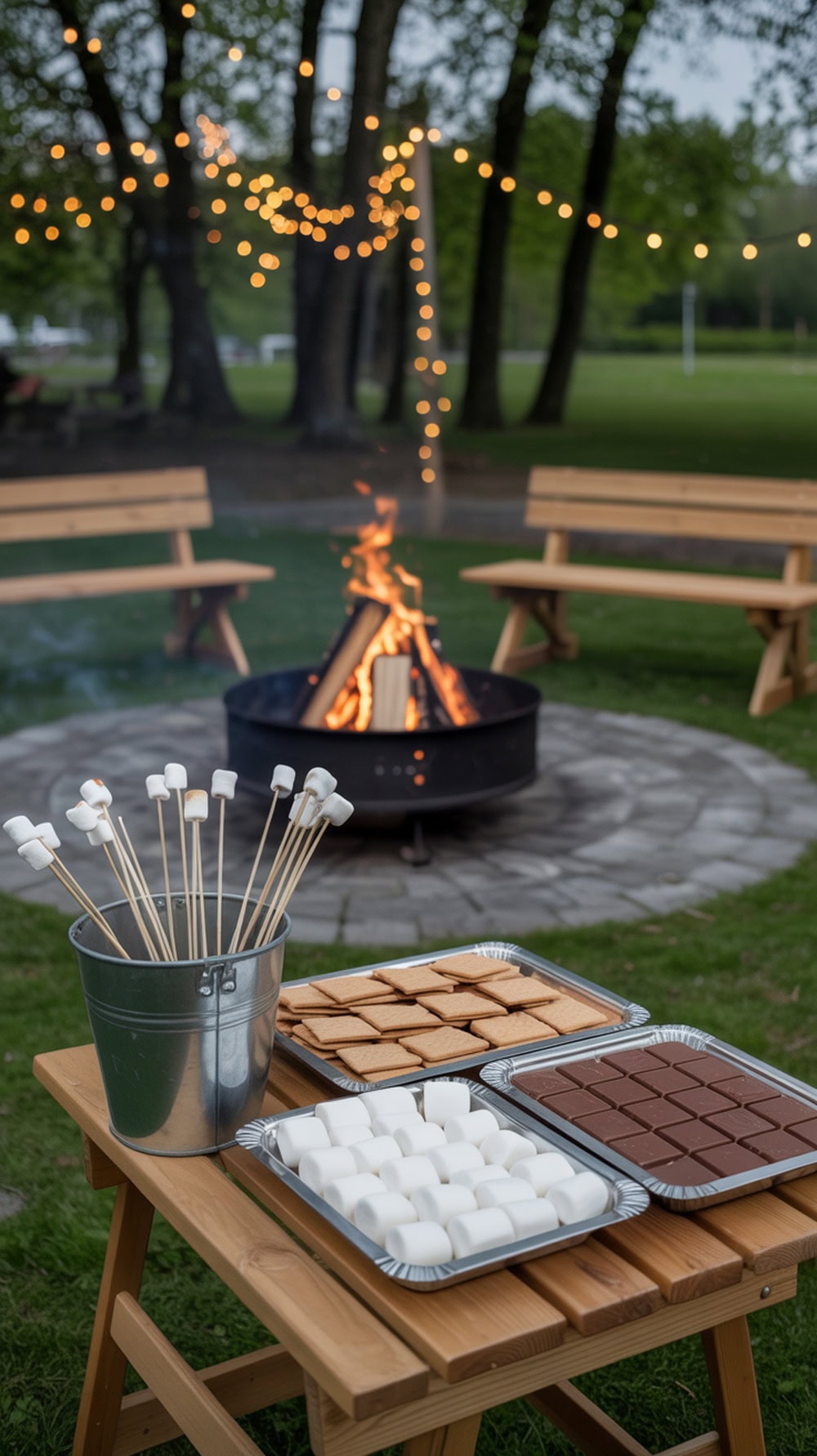 A DIY S'mores bar with marshmallows, graham crackers, and chocolate by a firepit, surrounded by benches and string lights.