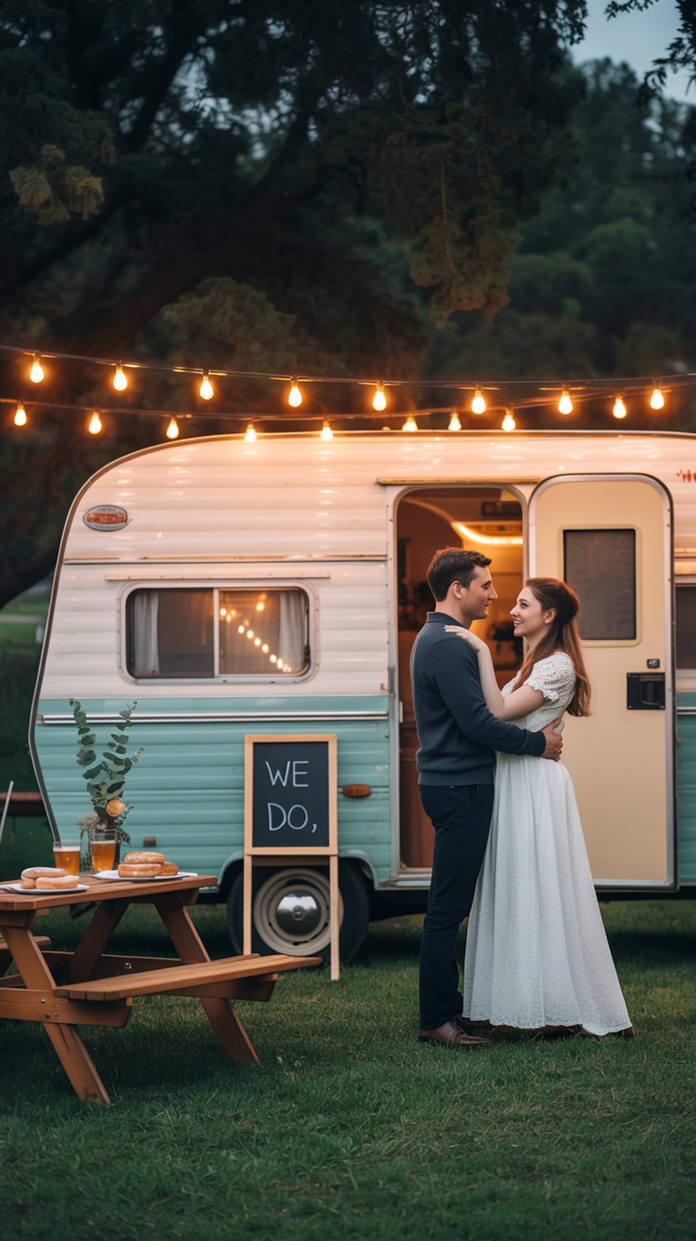 A couple sharing a kiss in front of a vintage camper, decorated with string lights, with a picnic table set up nearby.