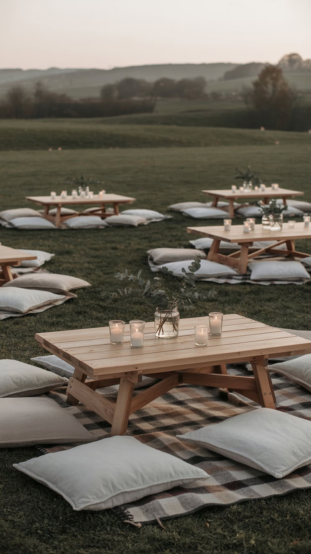 Cozy outdoor picnic blanket lounge with cushions and low wooden tables, decorated with candles and greenery.