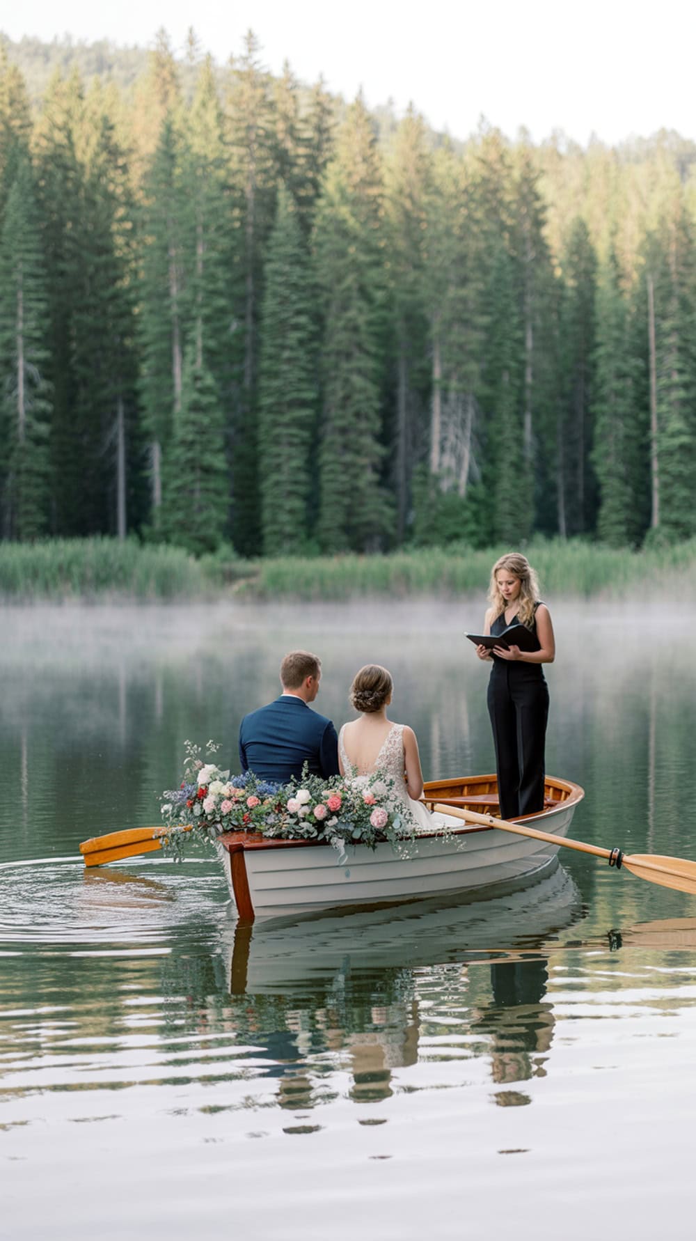 A couple exchanging vows in a flower-adorned boat on a calm lake, with a grassy shoreline and trees in the background.