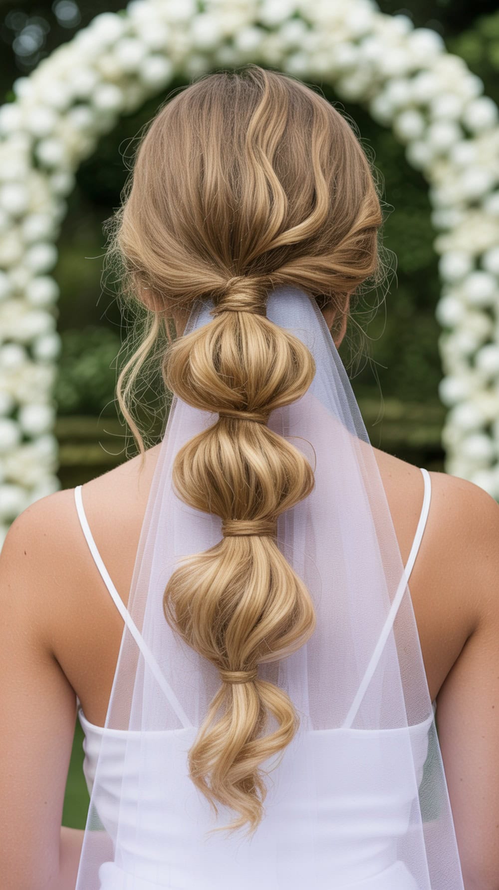 A bride with a twisted half-up ponytail hairstyle adorned with a veil, showcasing soft waves and a chic look.