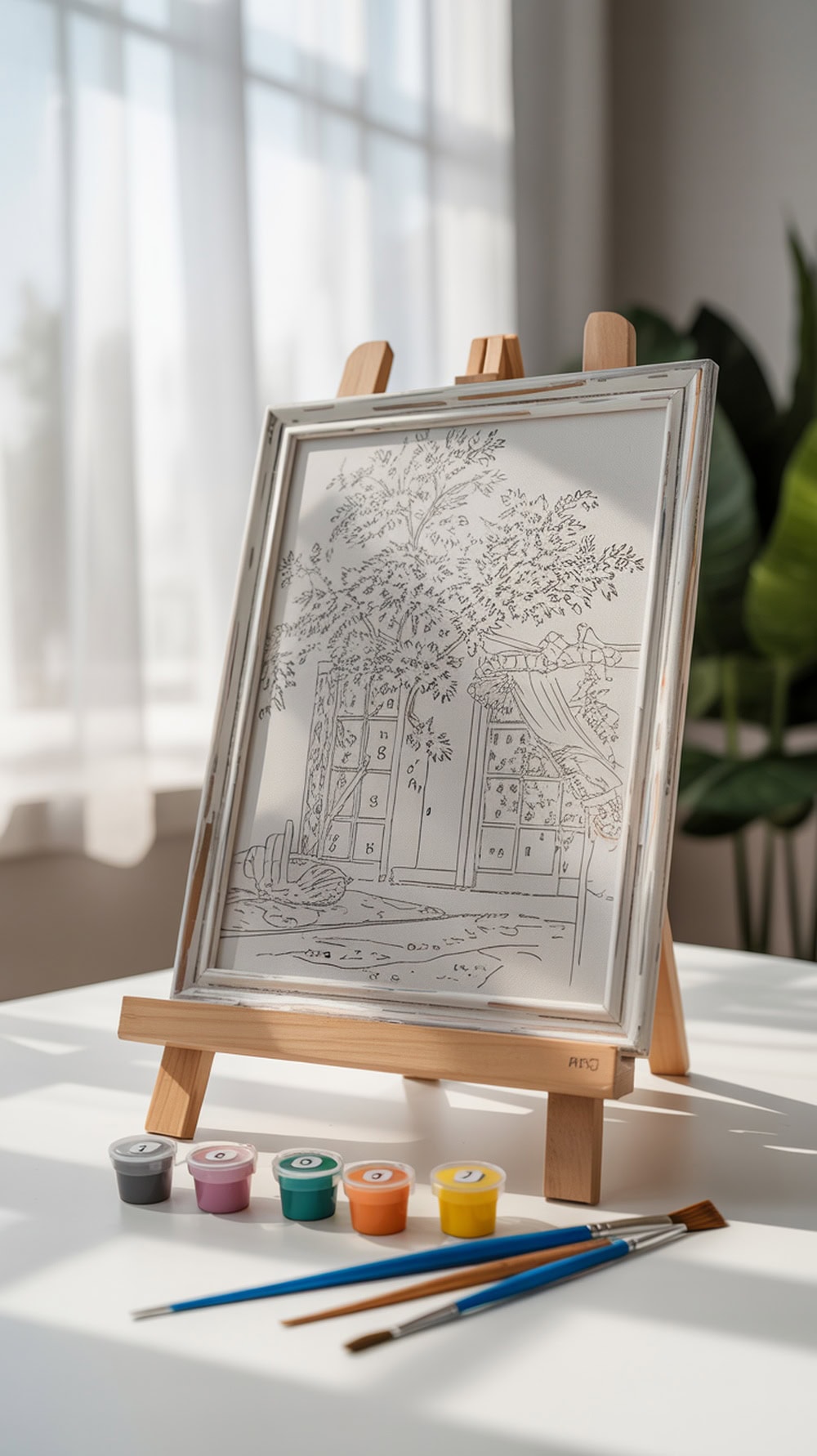 A paint-by-number canvas station with an easel, paint pots, and brushes.