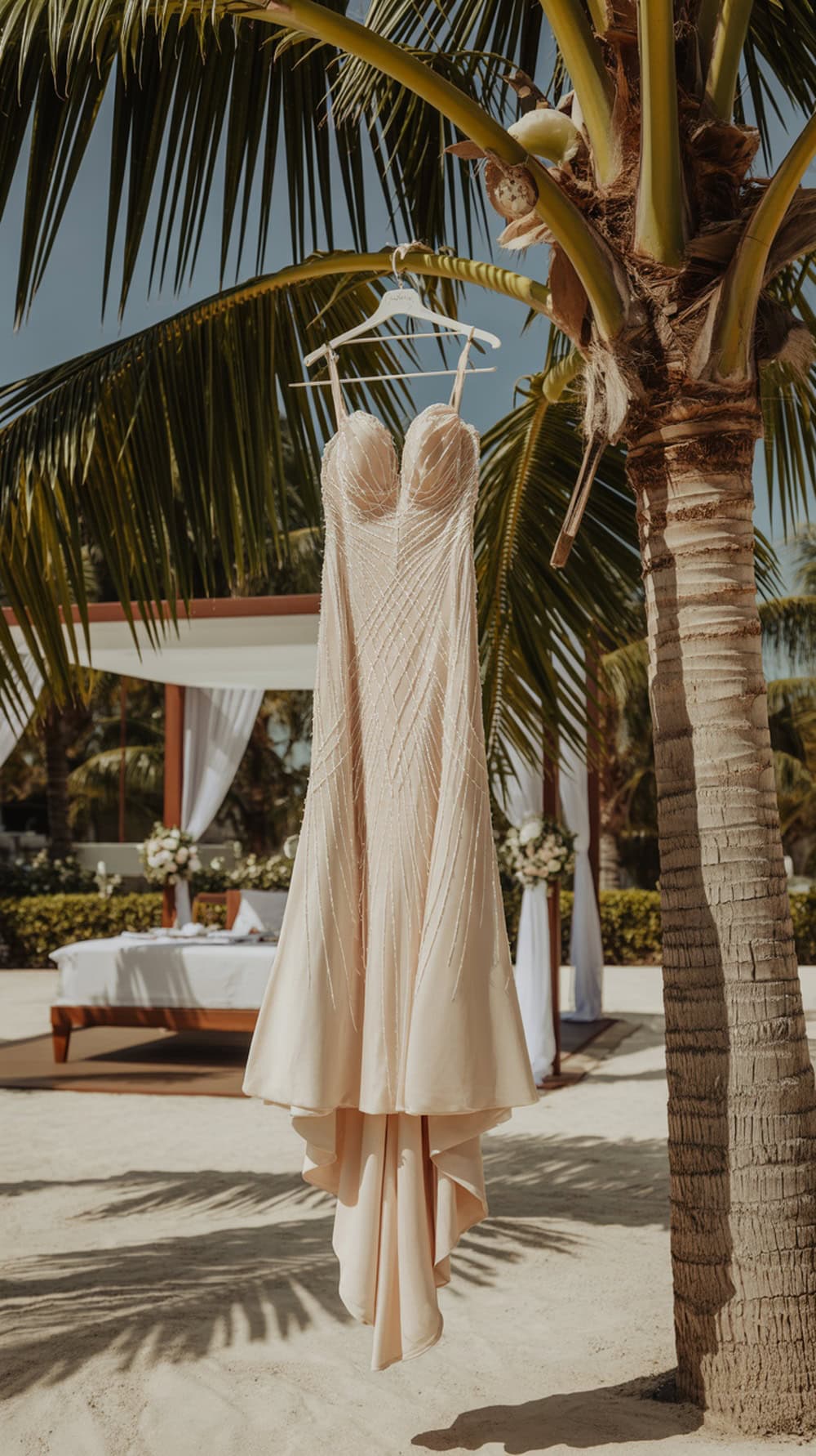 A beautiful wedding dress hanging on a palm tree at a beach venue