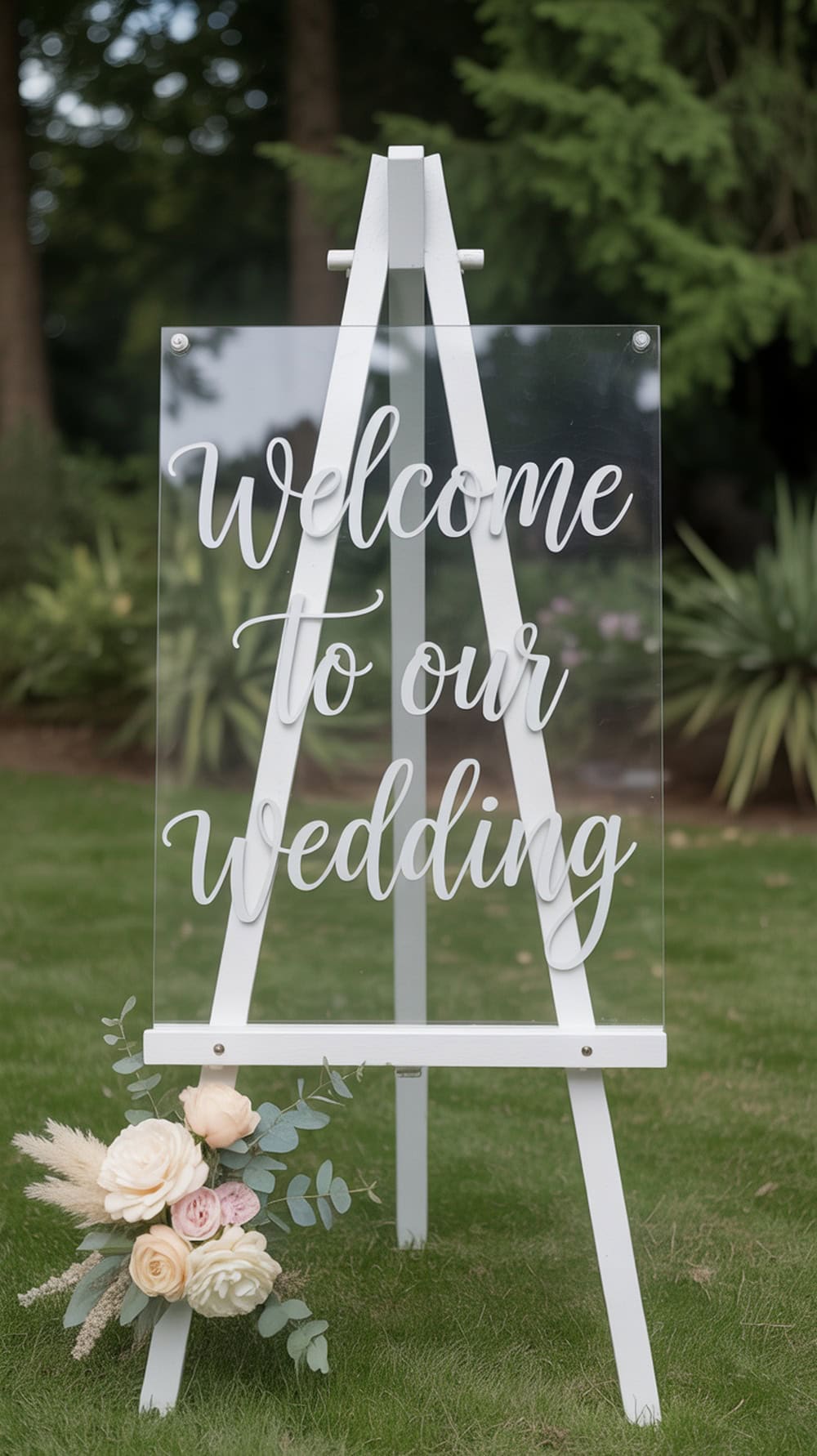 A clear acrylic sign with white lettering displayed on a white easel, surrounded by greenery and flowers.
