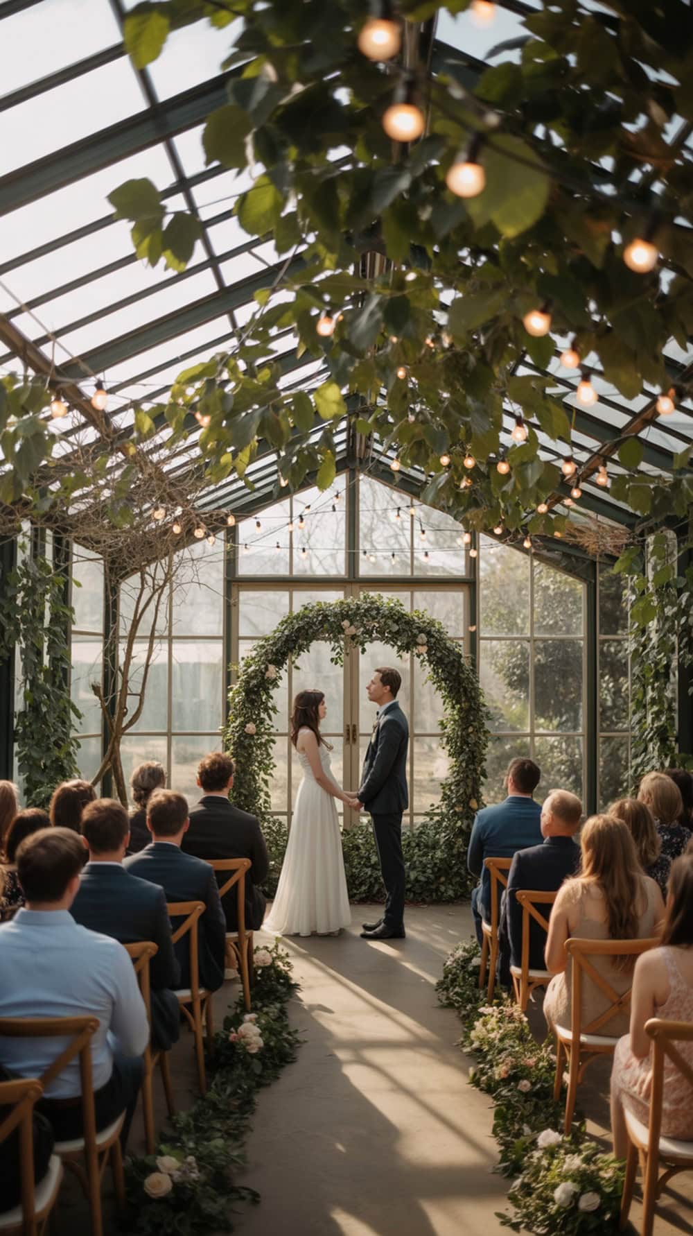 A couple exchanging vows in a greenhouse wedding ceremony surrounded by greenery and guests.