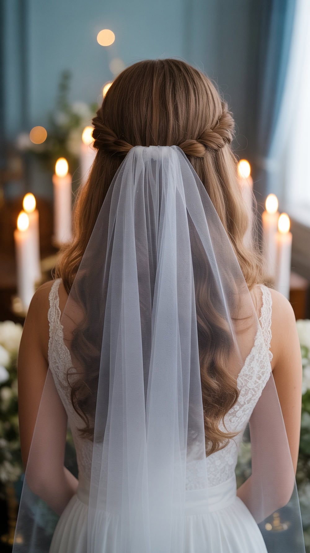 A bride with long wavy hair styled in loose waves, wearing a veil pinned on top, with candles in the background.