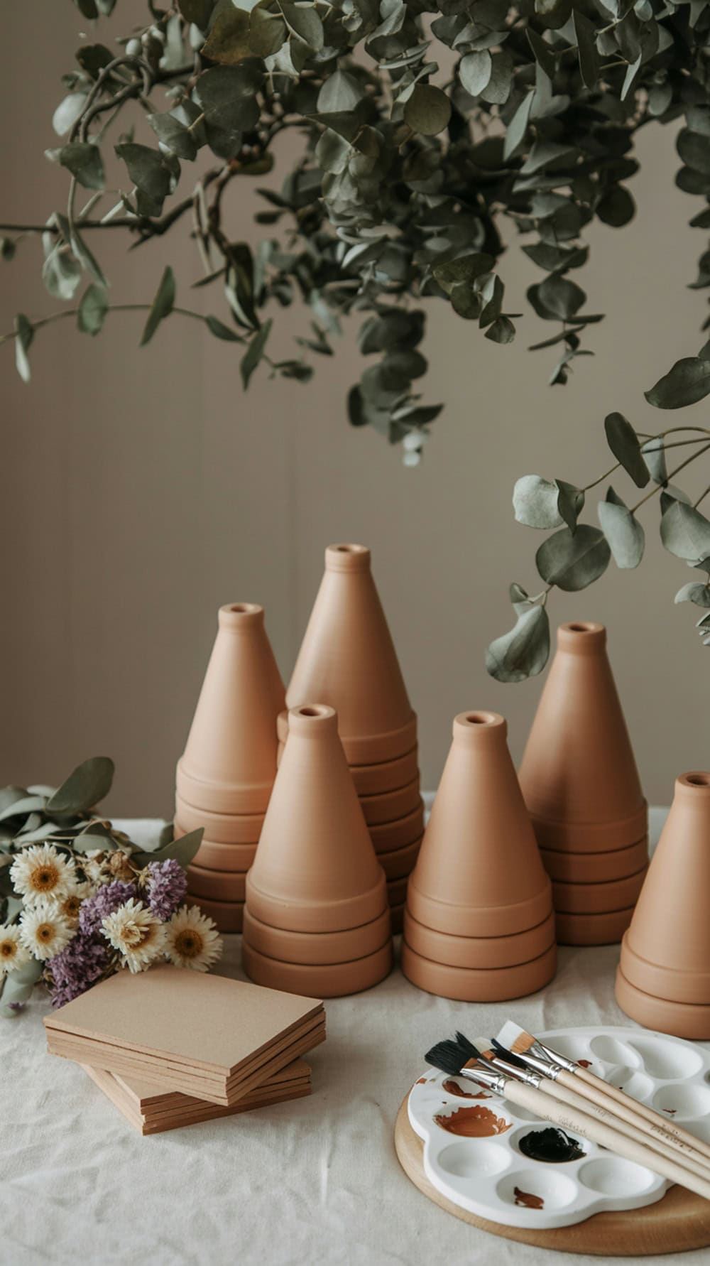 A setup for terracotta pot painting with pots, brushes, and flowers.