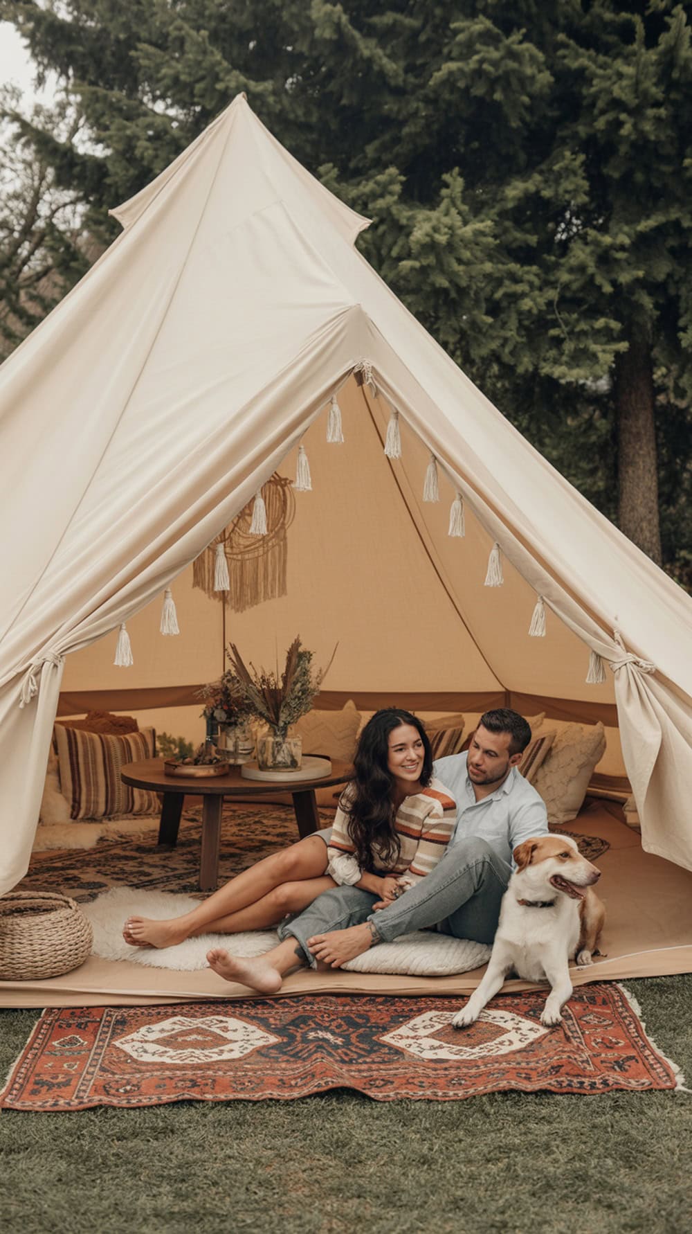 A cozy boho-inspired backyard tent with a couple sitting inside, surrounded by cushions and a small table with flowers.