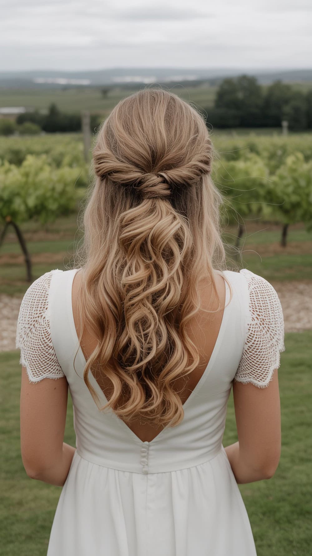 A bride with long wavy hair styled in a half-up knot, showcasing a beautiful view of her dress and a scenic vineyard backdrop.