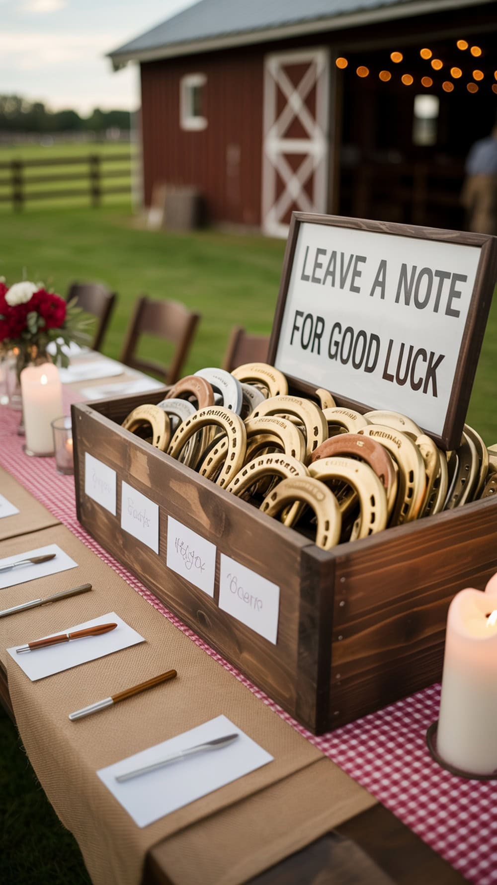 A rustic wedding table with a wooden box filled with horseshoes and a sign that reads 'Leave a note for good luck.'