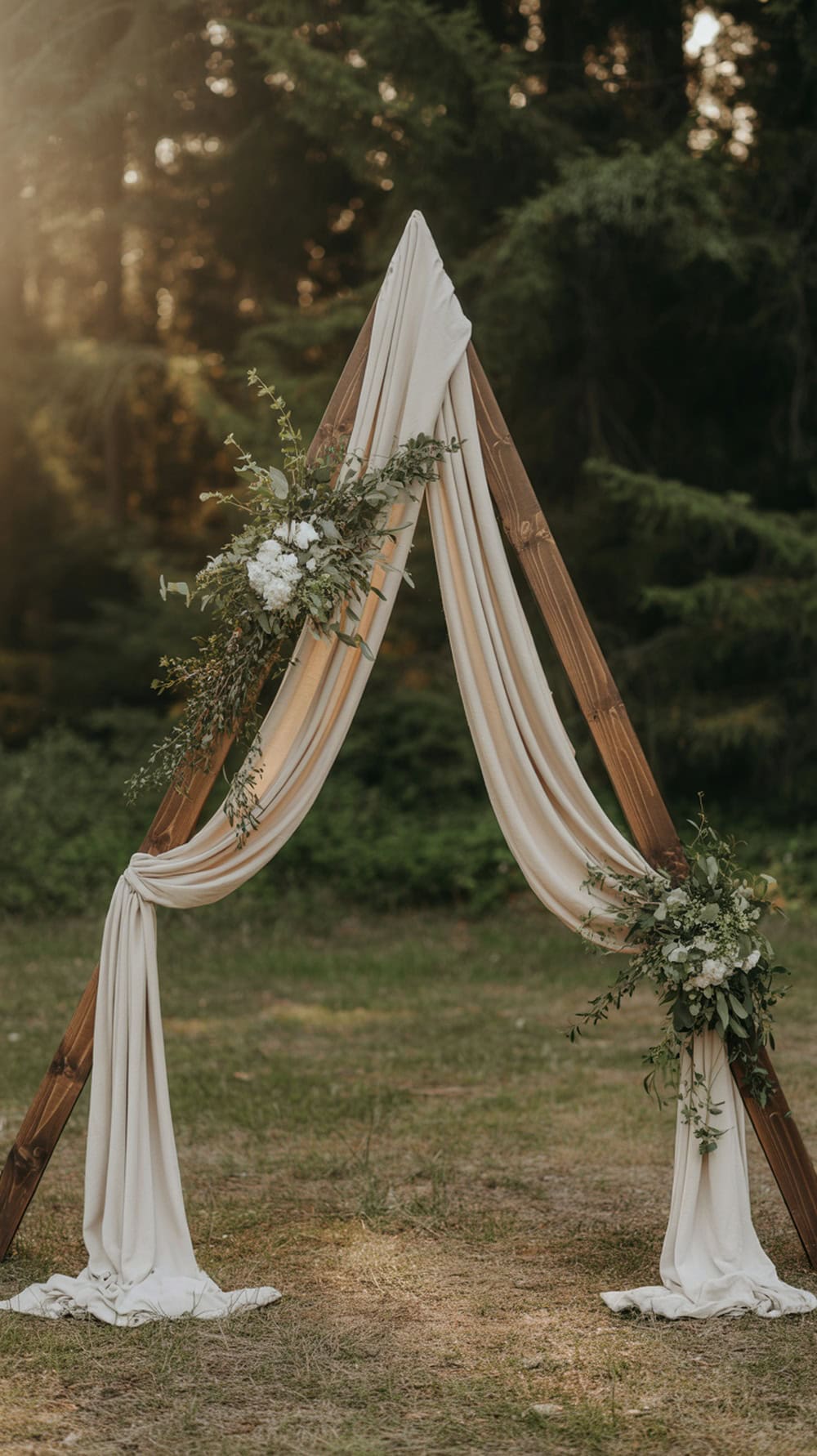 Wooden arch with draped fabric and floral accents