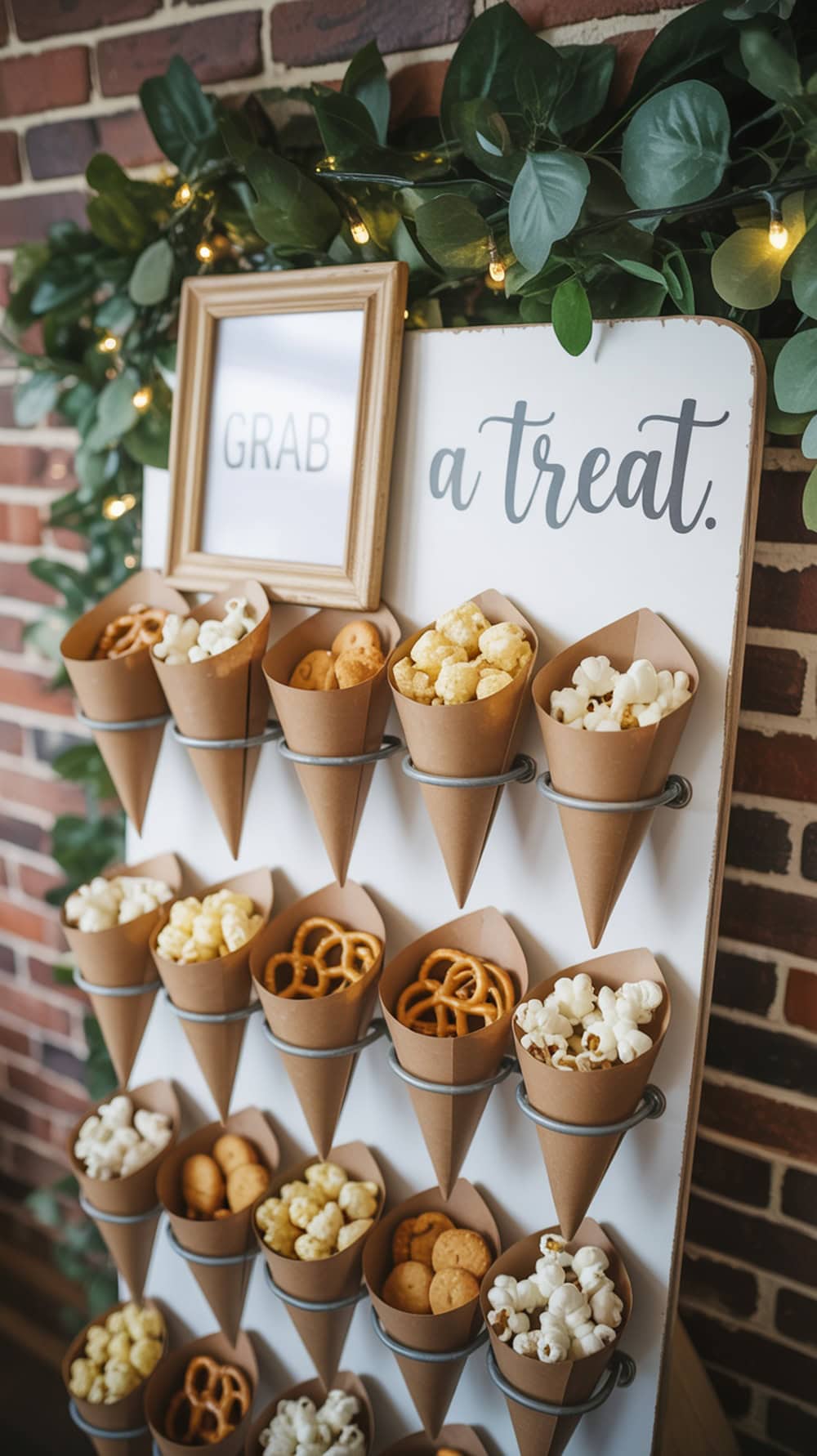 A wall display with snack cones filled with popcorn, pretzels, and cookies, decorated with greenery and lights.