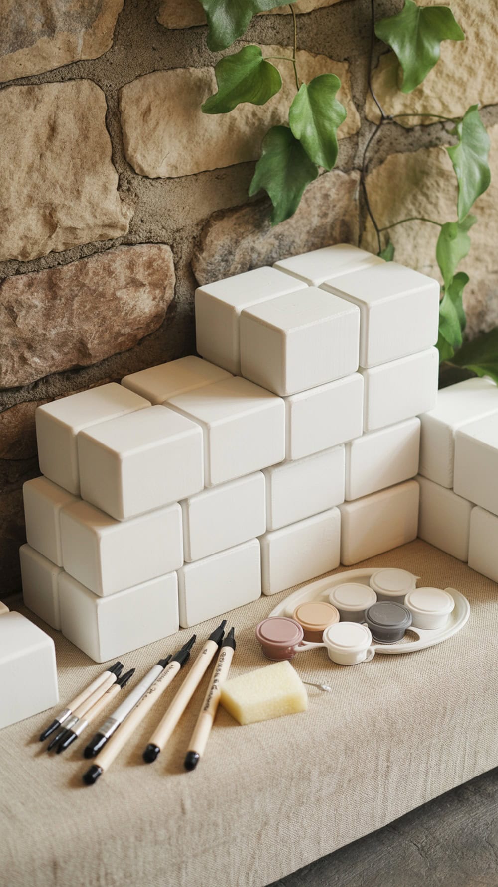 A table with white bricks, paint, and markers for guests to create keepsakes at a wedding.