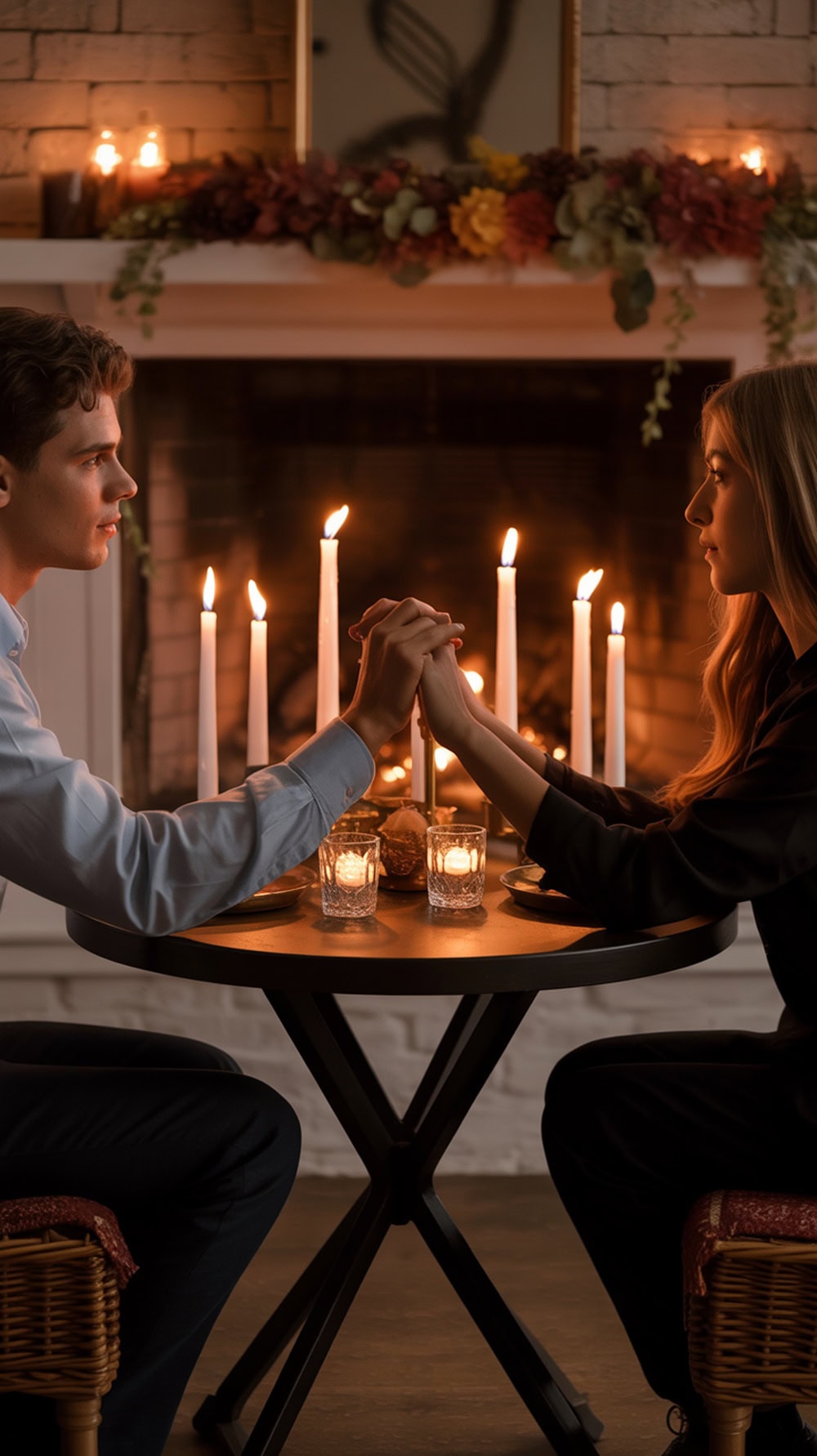 A couple enjoying a candlelit dinner, holding hands at a small table with candles and a warm atmosphere.