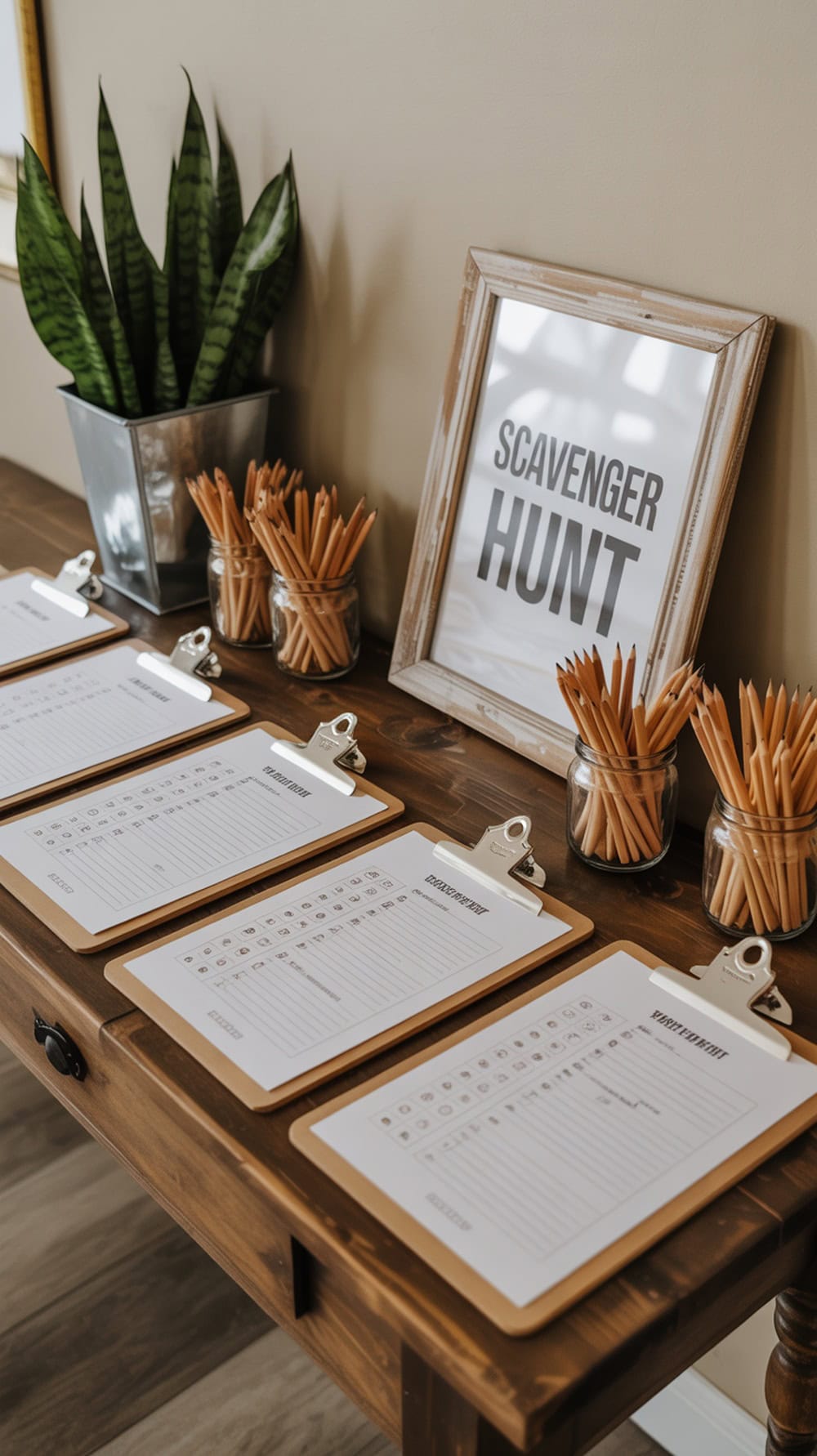 A table set up for a kids wedding scavenger hunt, featuring a sign, clipboards, and flowers.
