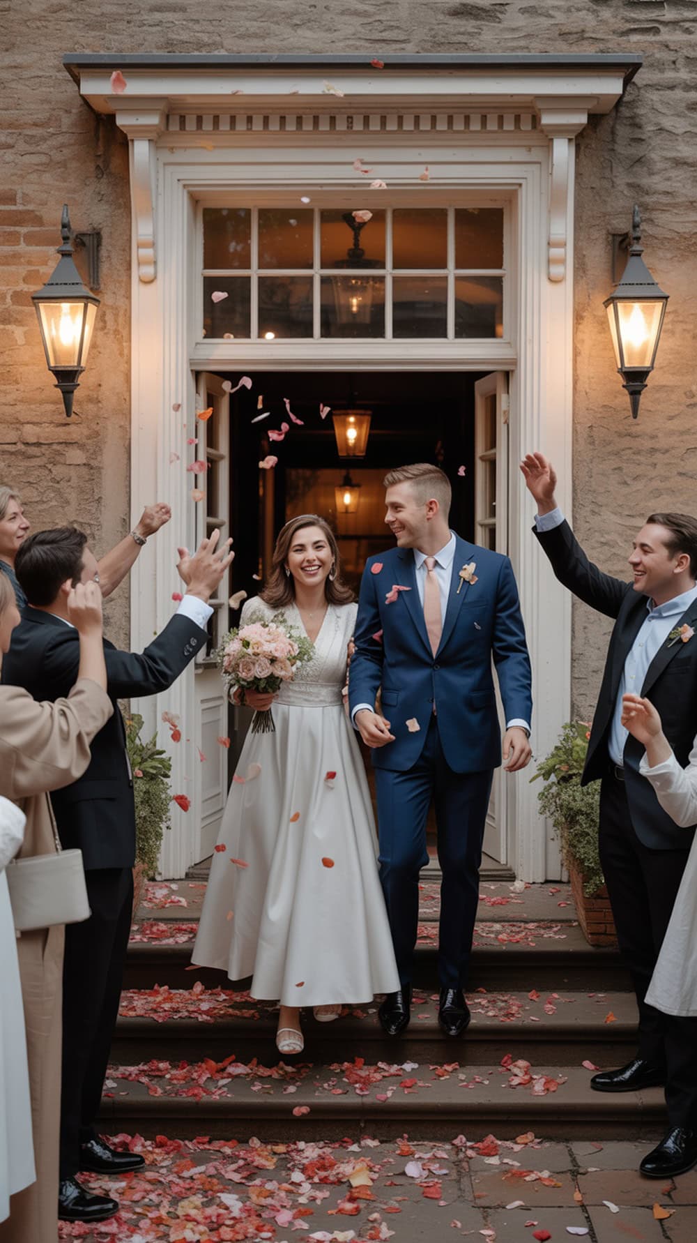 A couple joyfully exits a historic inn, surrounded by guests throwing flower petals.
