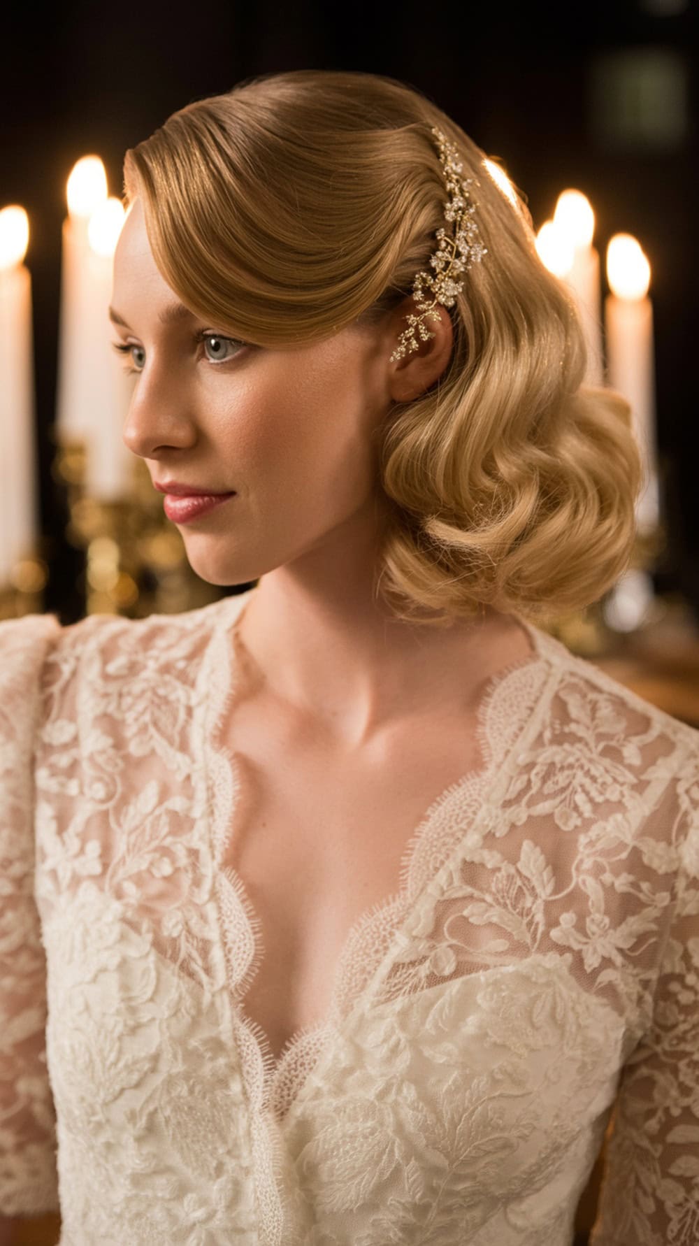 A woman with classic Hollywood waves styled with a gold side comb, showcasing a romantic bridal look.