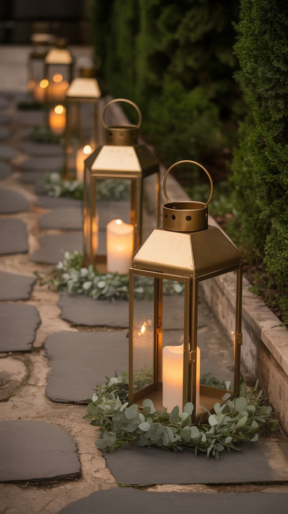 A garden path lined with gold lanterns and candles surrounded by greenery.