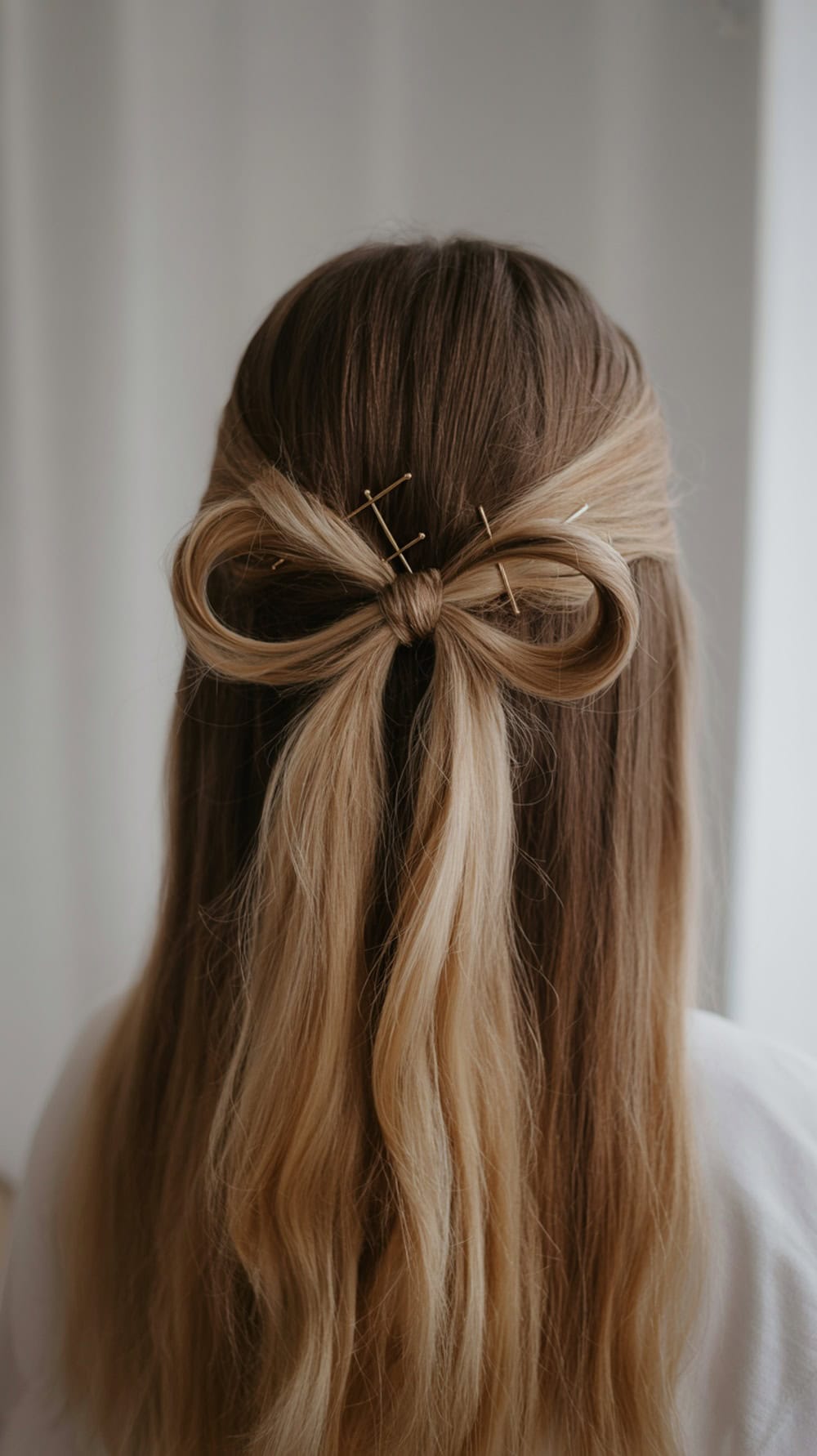 A twisted bow hairstyle for long straight hair, secured with hidden pins.