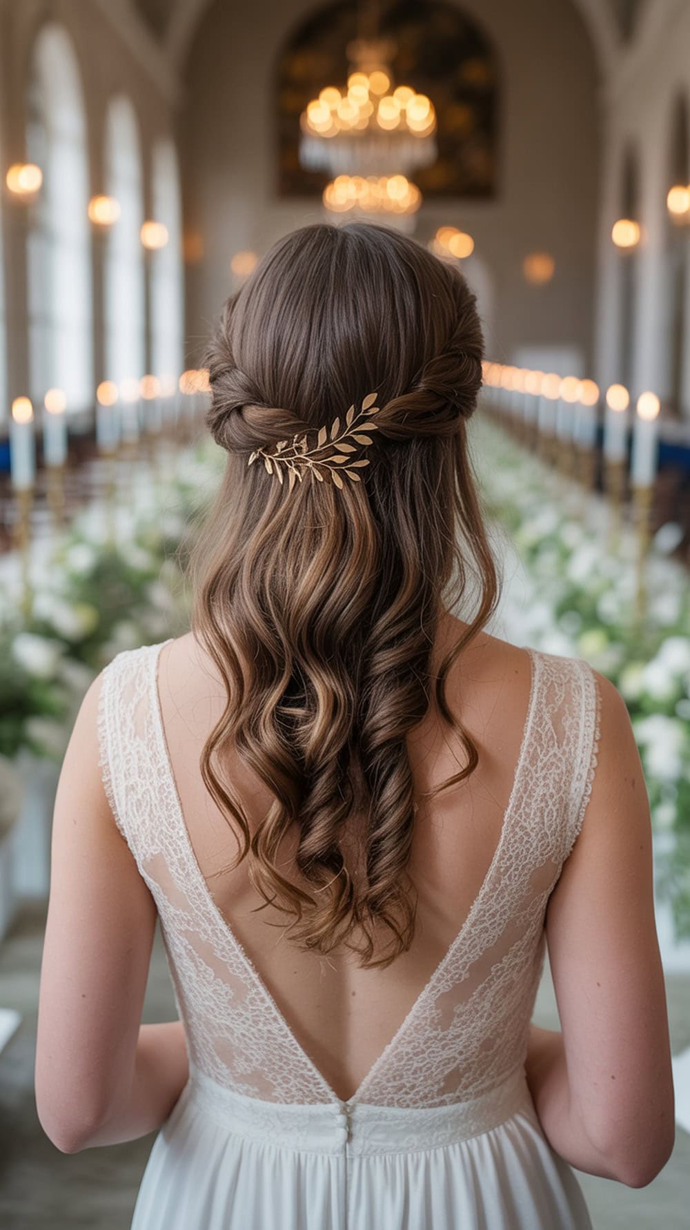 A bride with half-up half-down hairstyle adorned with a gold vine clip, showcasing soft curls and a lace wedding dress.