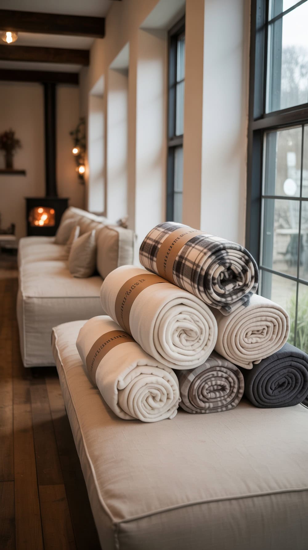 A cozy lounge area with neatly stacked blankets on a table, inviting guests to relax.