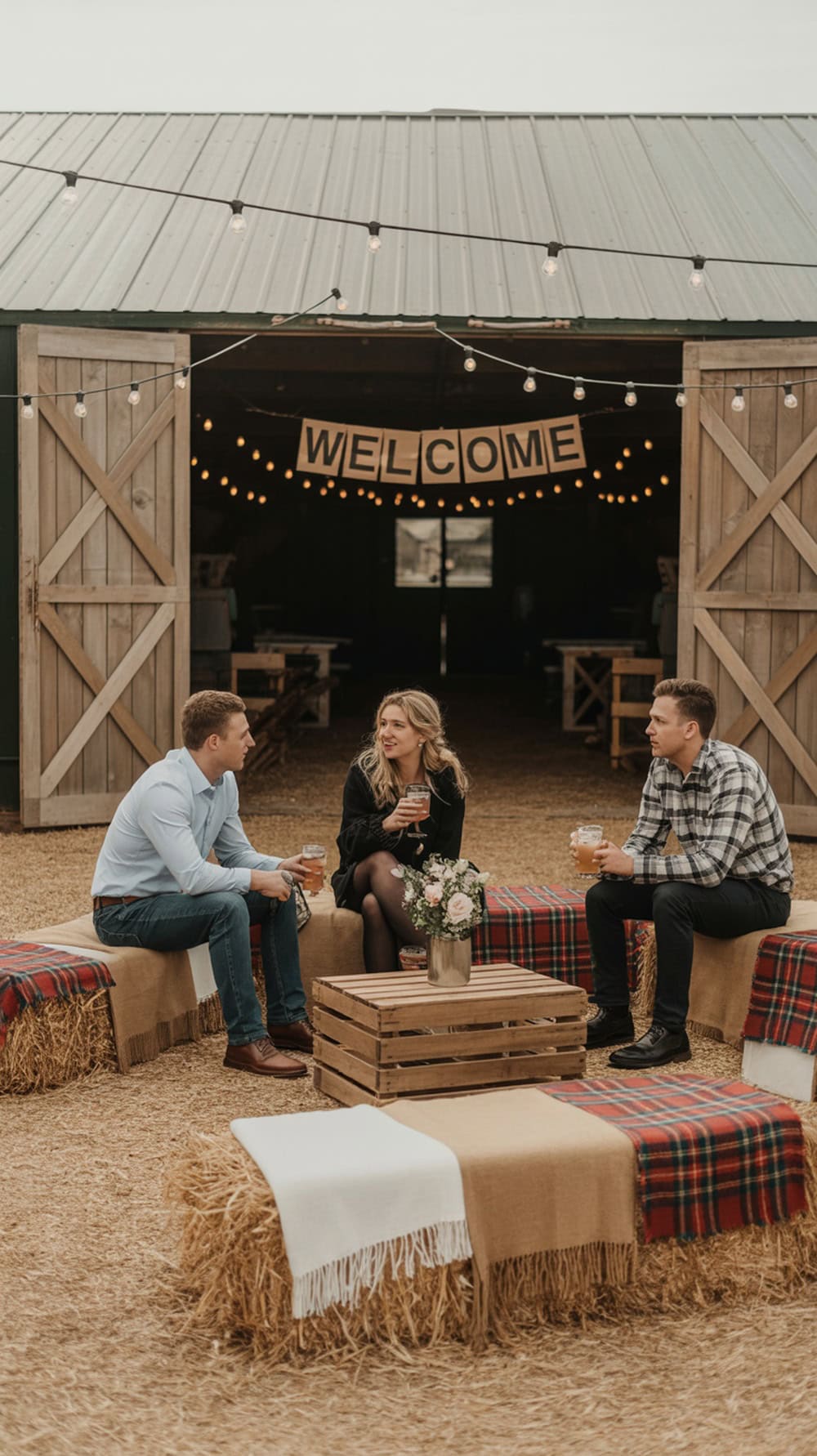 Cozy hay bale lounge area with blankets and a wooden crate table, decorated with flowers and string lights.
