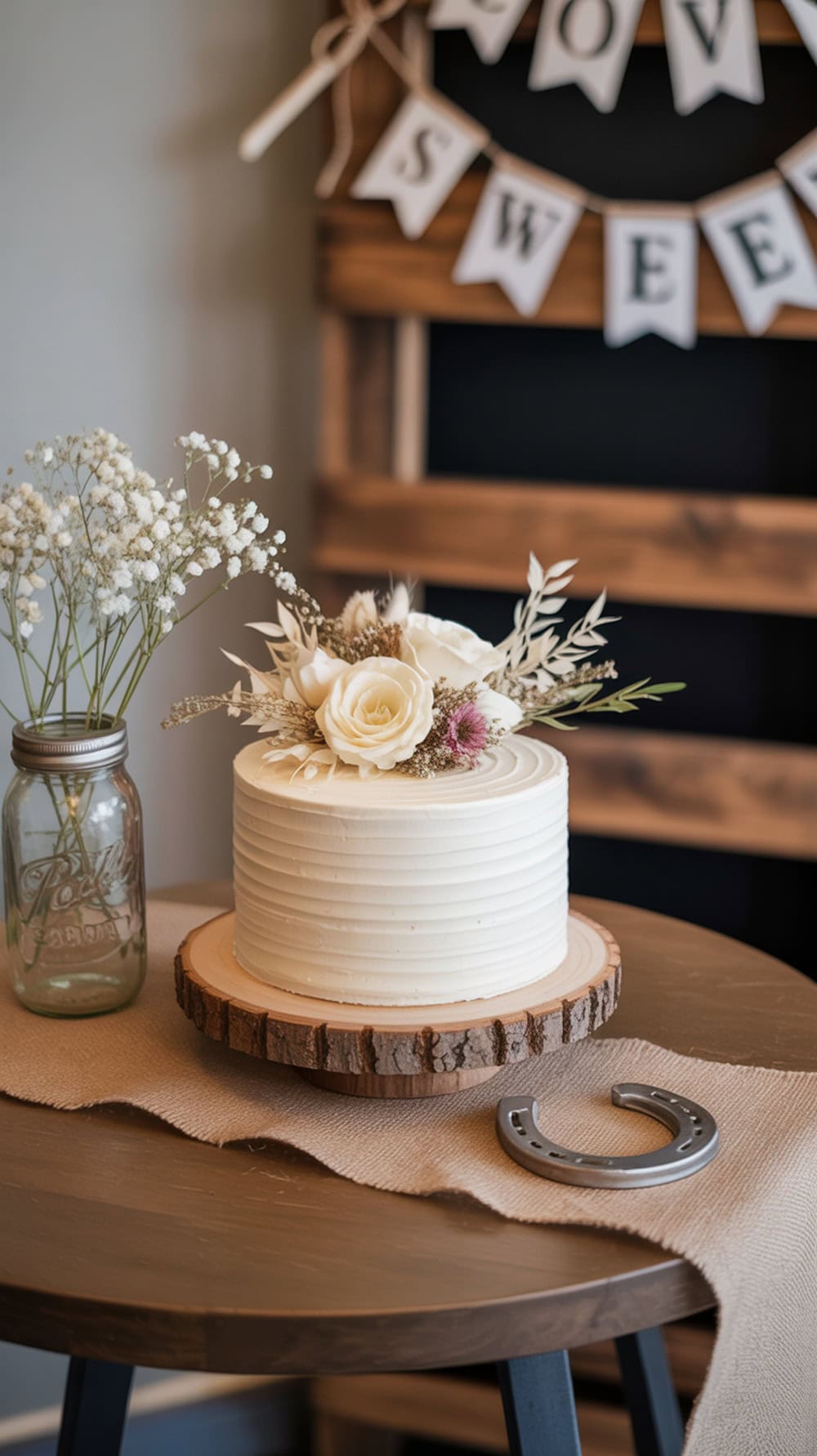 A country-inspired cake table featuring a decorated cake with flowers, a mason jar with baby’s breath, and rustic elements.