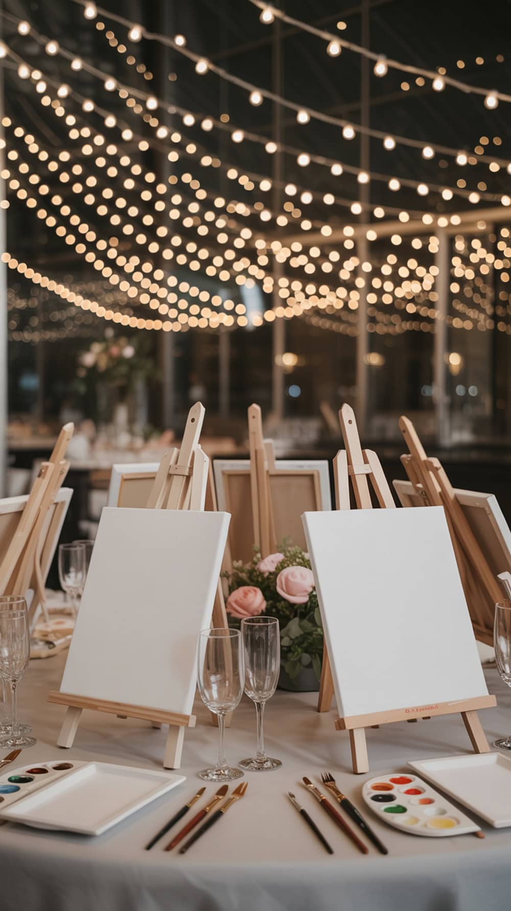 A beautifully arranged couples painting station with easels, blank canvases, paint palettes, and string lights.