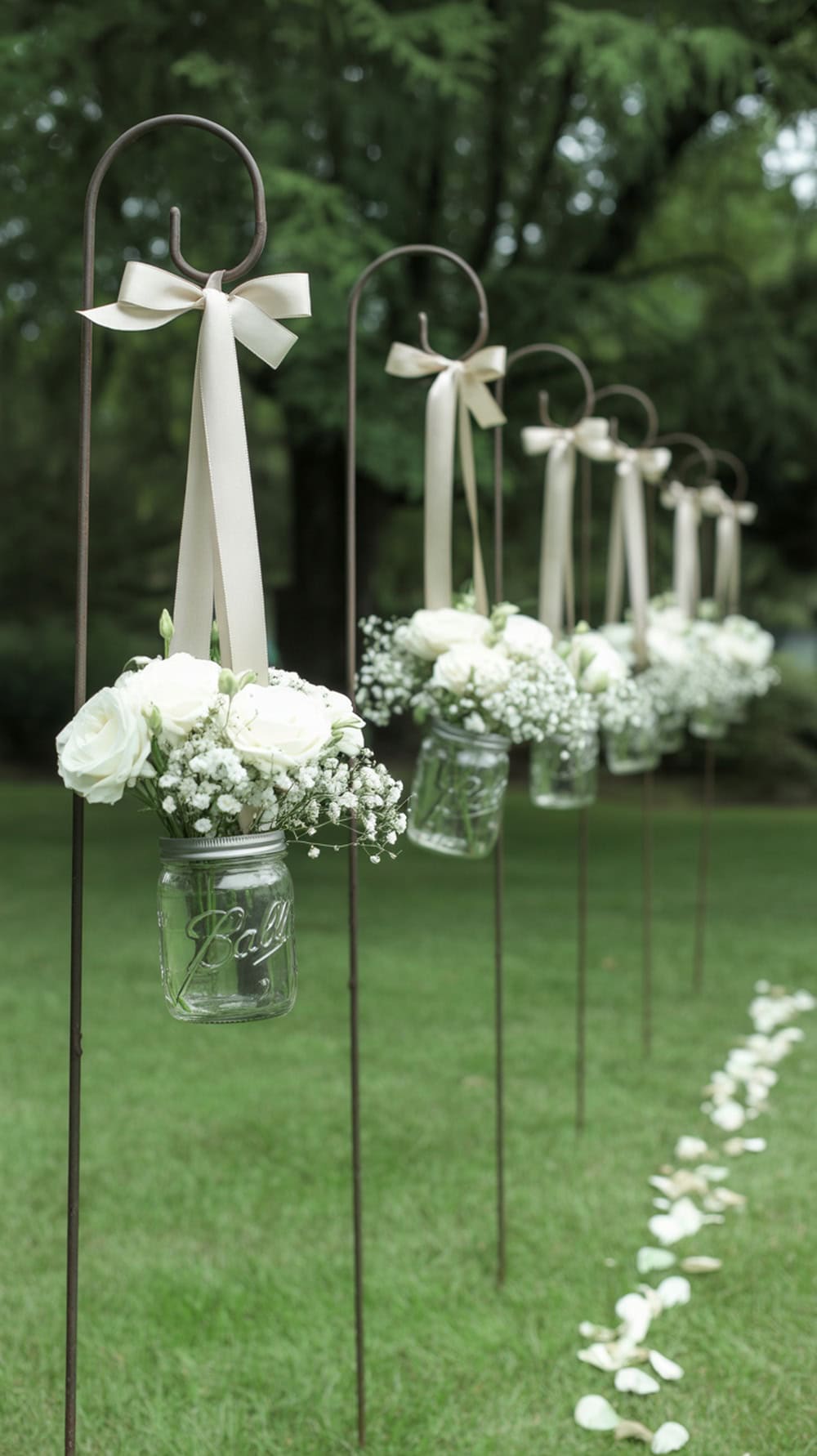 Hanging mason jars with flowers on shepherd hooks in a grassy area