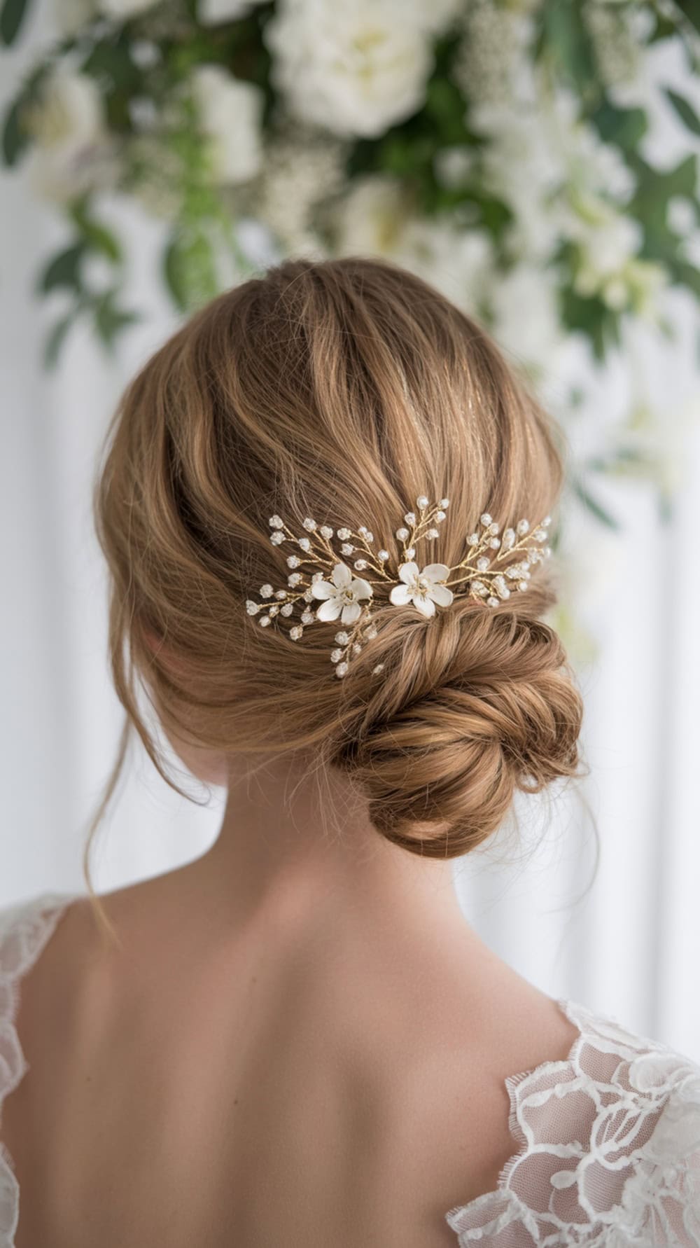 A low wavy bun adorned with a gold comb and delicate flowers, showcasing a romantic wedding hairstyle.