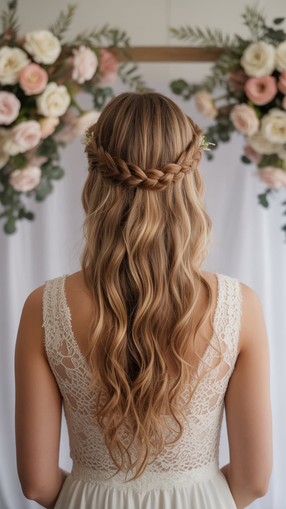 A bride with long wavy hair styled in a braided halo, adorned with flowers, standing in front of floral decorations.