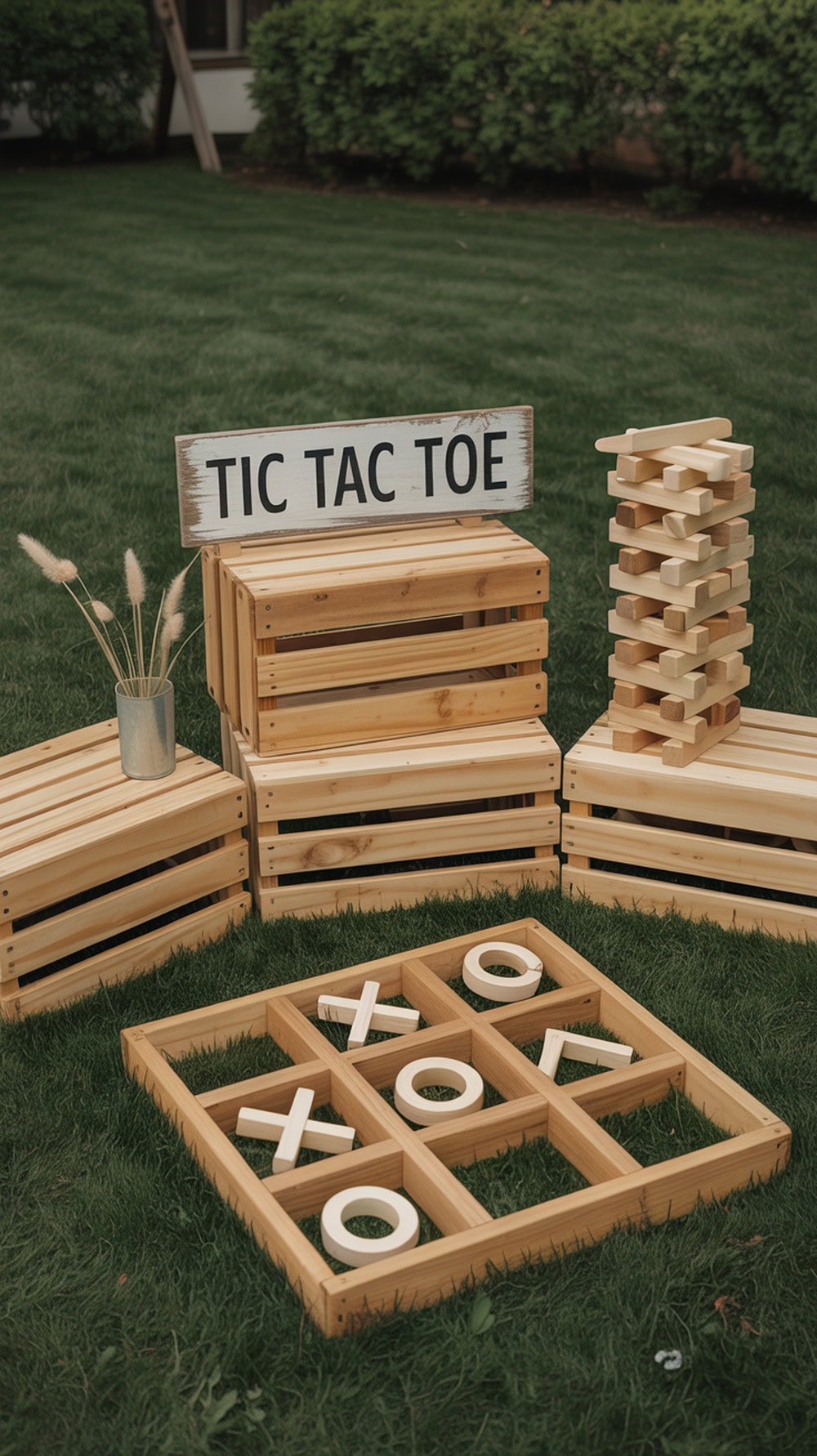 A lawn game zone with wooden crates and games for kids at a wedding.