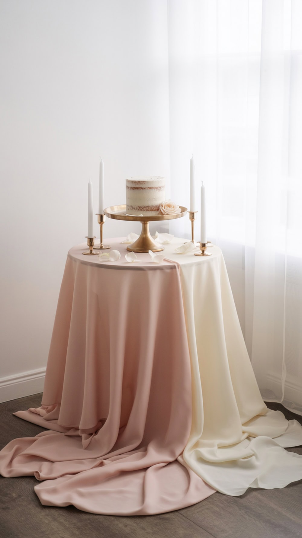 Cake table draped in soft layers of pink and cream fabric with a cake and candles.