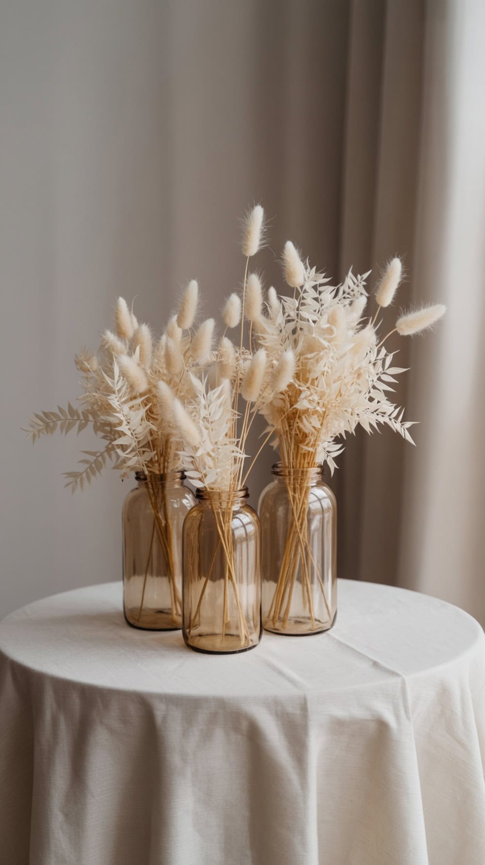 Gold spray-painted vases filled with dried flowers on a table