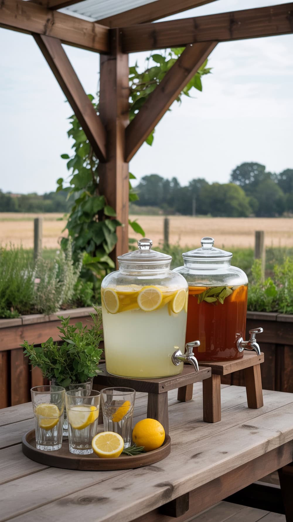 A lemonade and iced tea bar with glass dispensers, fresh herbs, and garnished glasses.