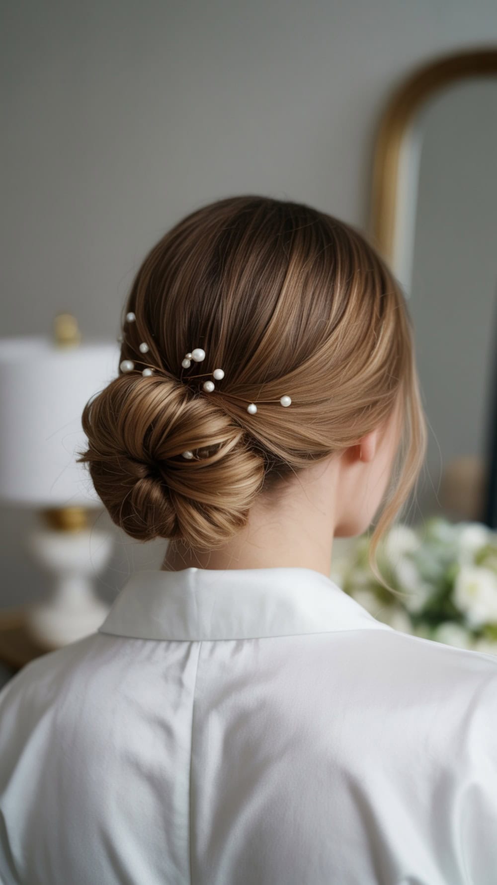 A low twisted bun hairstyle adorned with pearls, showcasing a simple yet elegant bridal look.