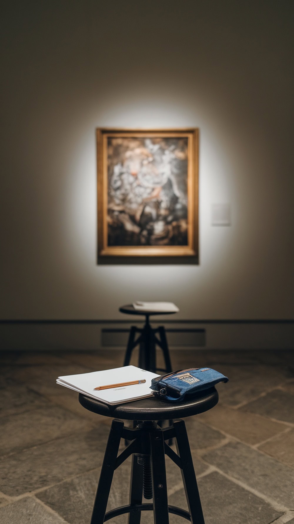 A sketching setup in a museum with a stool, sketchbook, and a painting in the background.