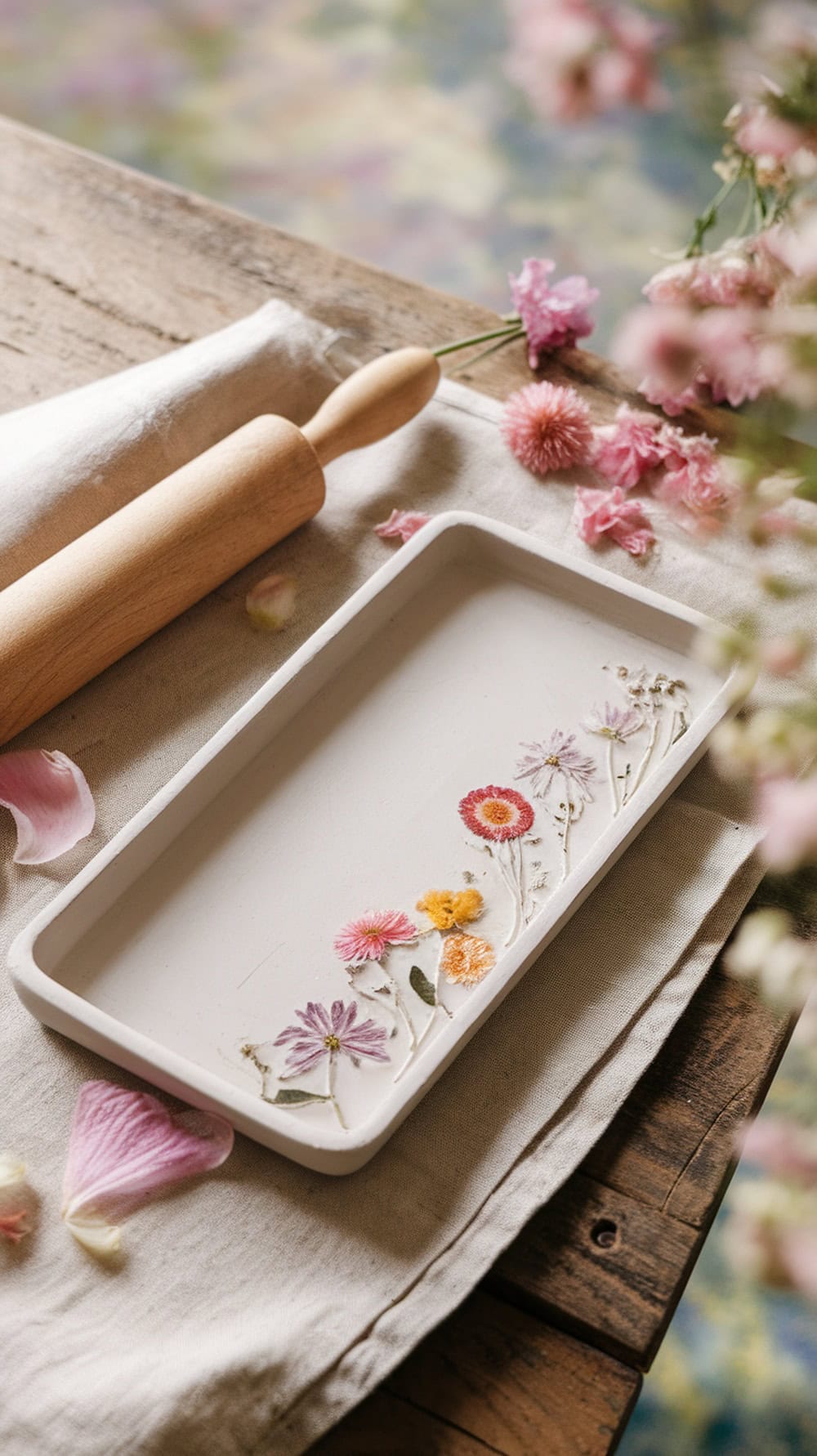 A clay tray with pressed flowers, a rolling pin, and flower petals on a wooden table.