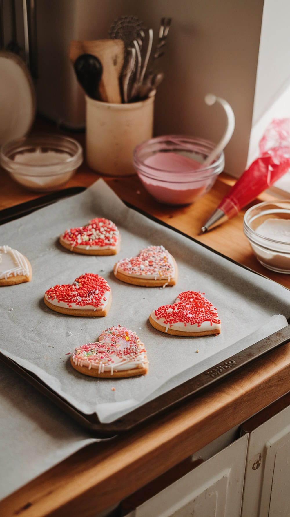 Decorated heart-shaped cookies on a baking tray with colorful icing and sprinkles.