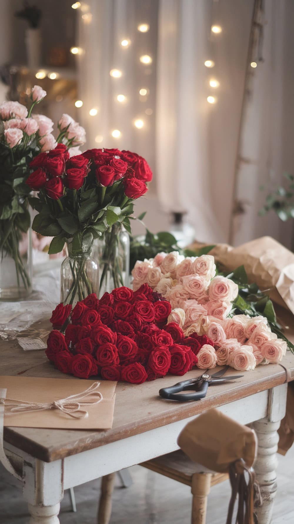 A cozy floral arranging setup with red and pink roses on a wooden table, surrounded by vases and scissors.