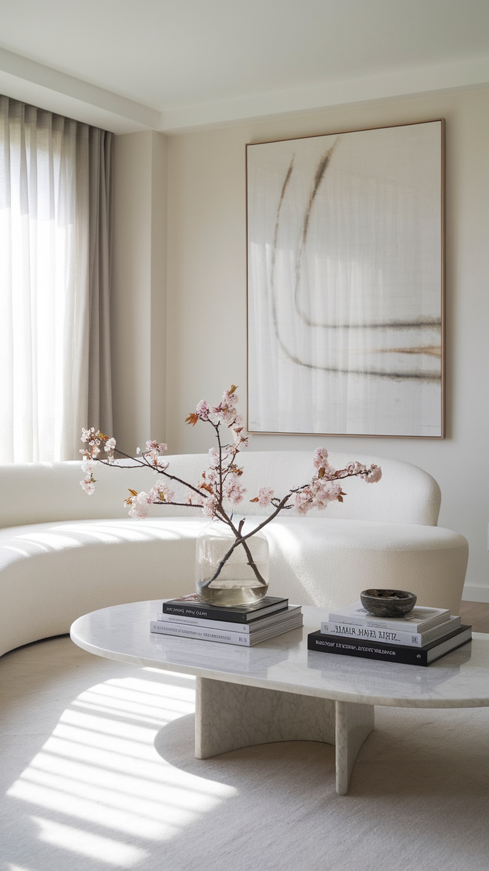 A neutral living room with a curved sofa, cherry blossom branch in a vase, and a marble coffee table.